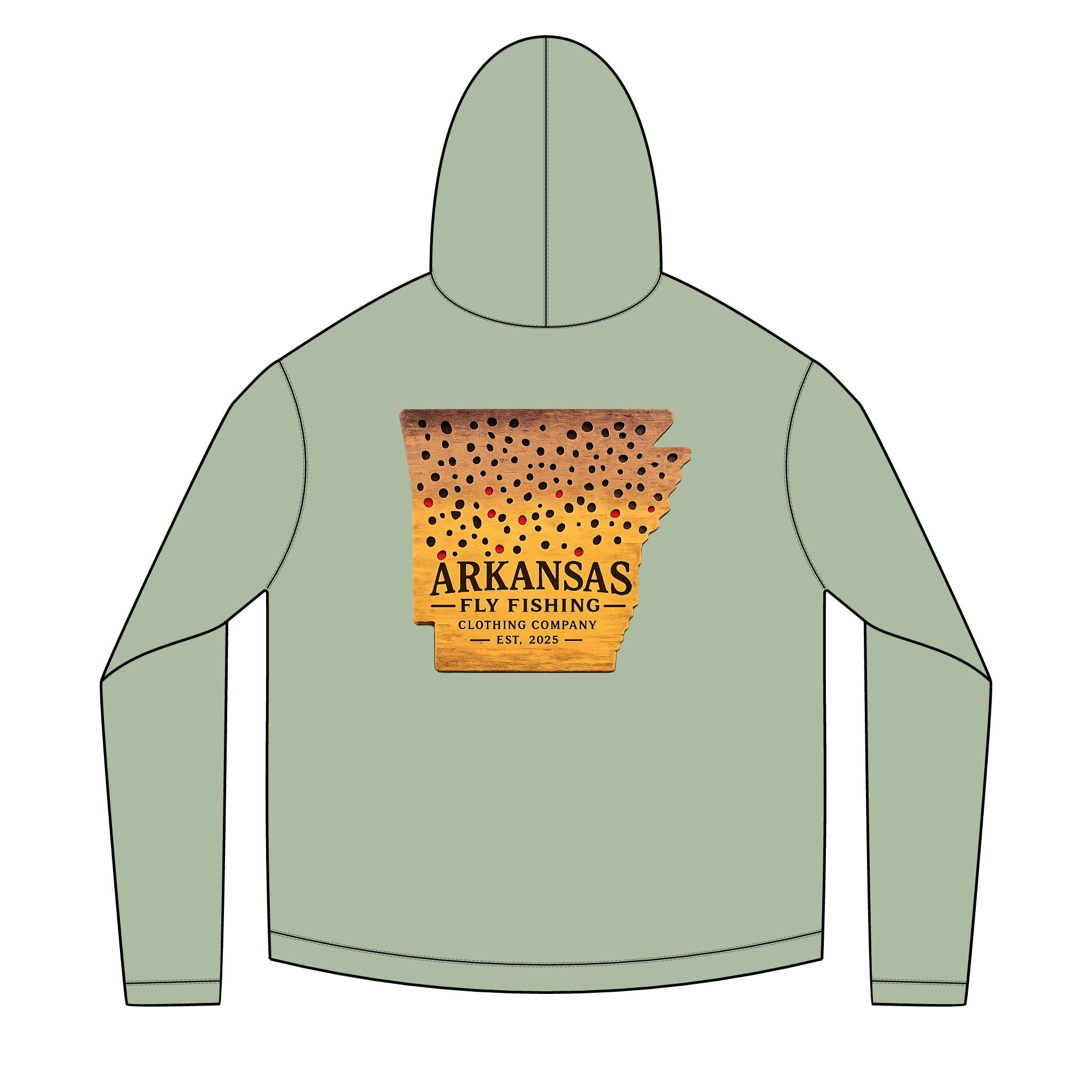 AFFCC Arkansas State Brown Trout Print Sun Hoodie — Brown Trout State Map Sun Hoodie