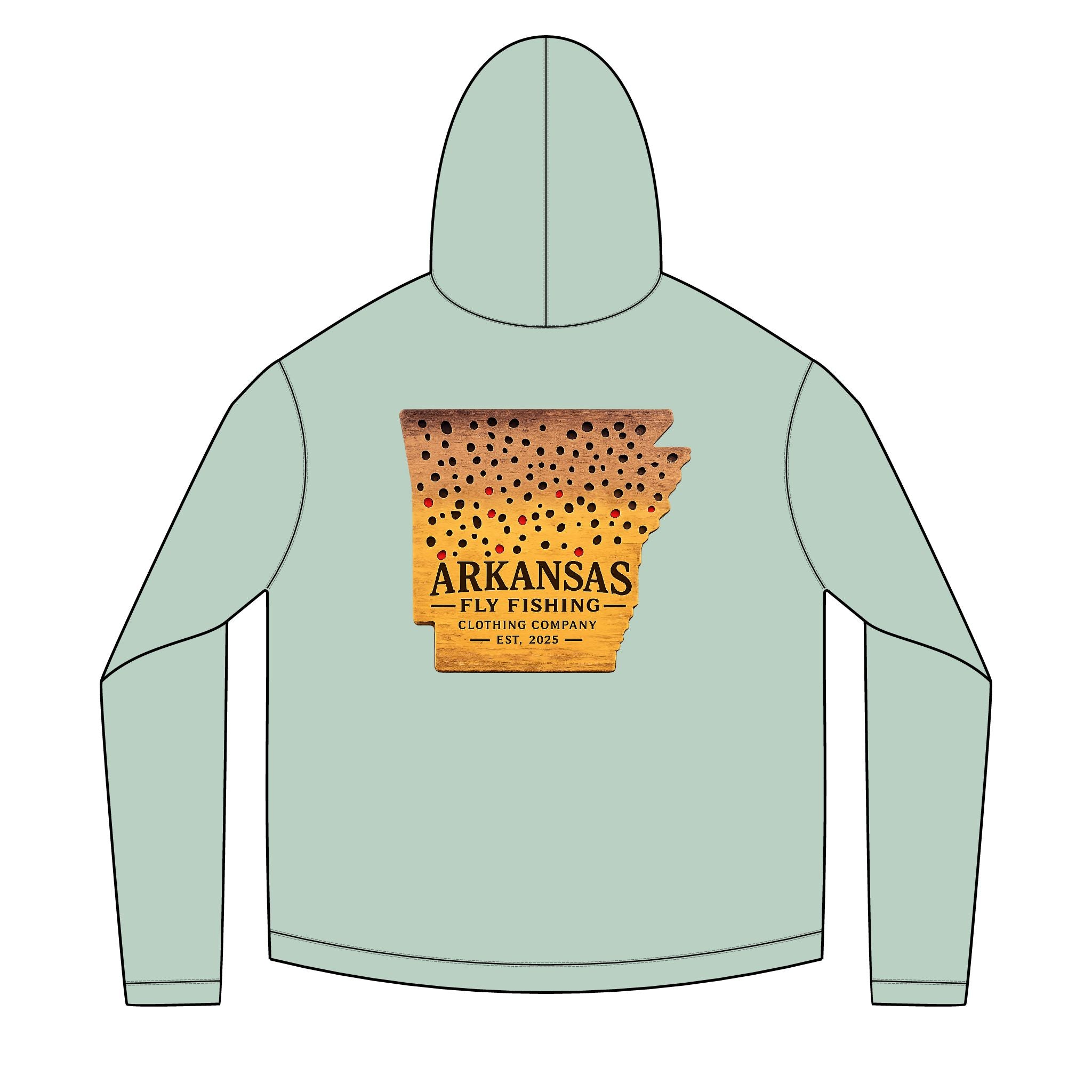 AFFCC Arkansas State Brown Trout Print Sun Hoodie — Brown Trout State Map Sun Hoodie