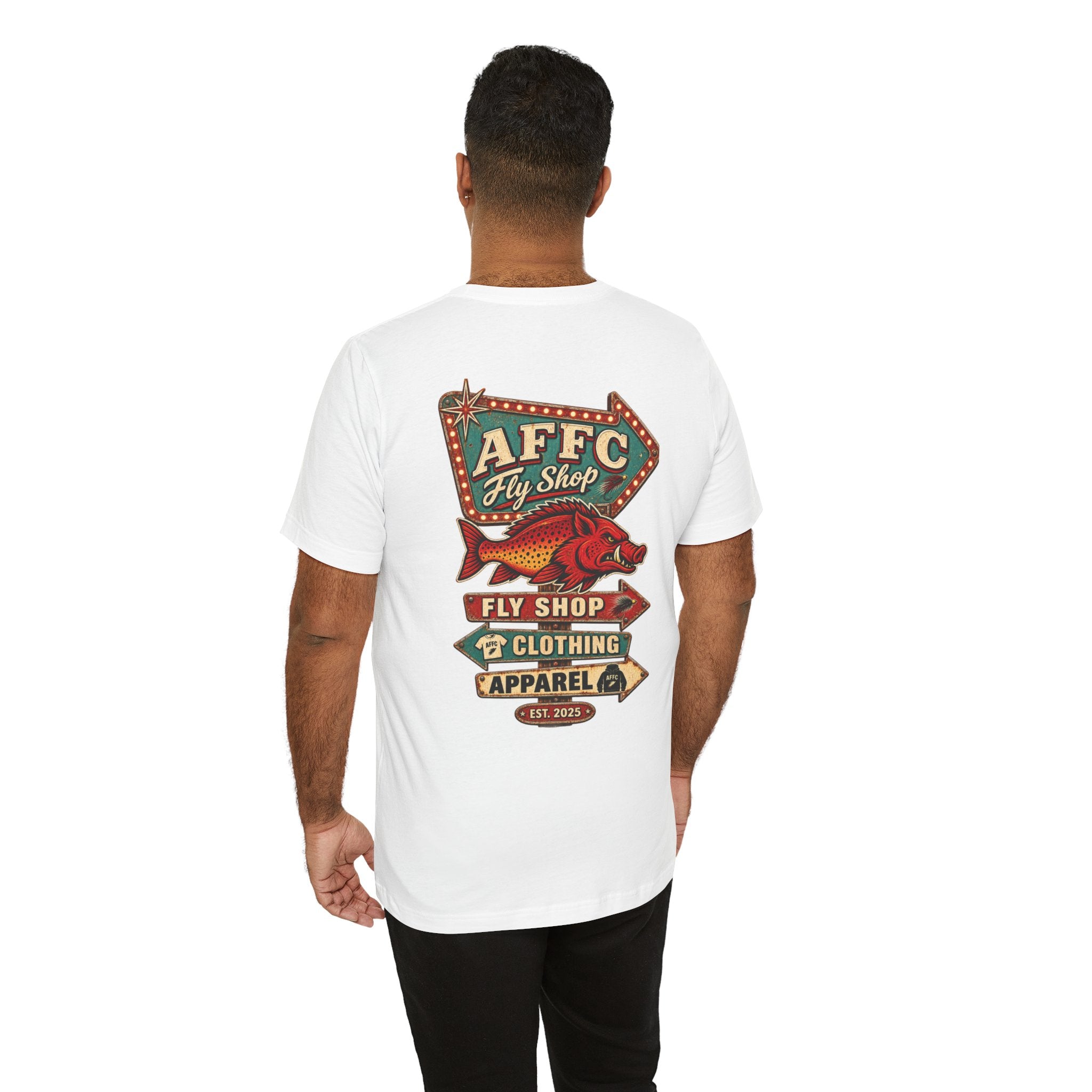 Athletic Fit Runs Small AFFCC Fly Shop T-Shirt — Retro Fish Sign Graphic Tee (AFFC Fly Shop)