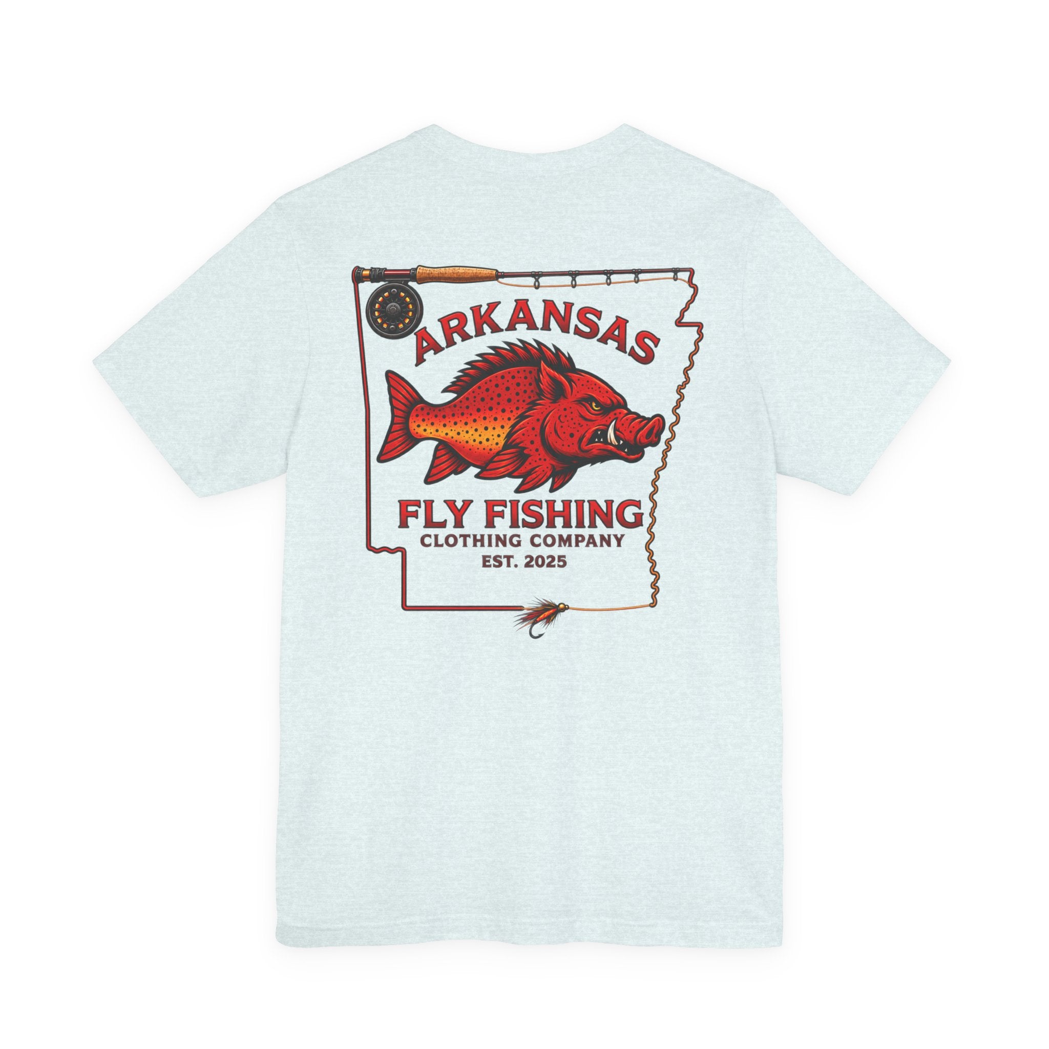 Athletic fit Runs Small Arkansas Fly Fishing Clothing Co. State outline Tee — Redfish State Map Pocket & Back Graphic