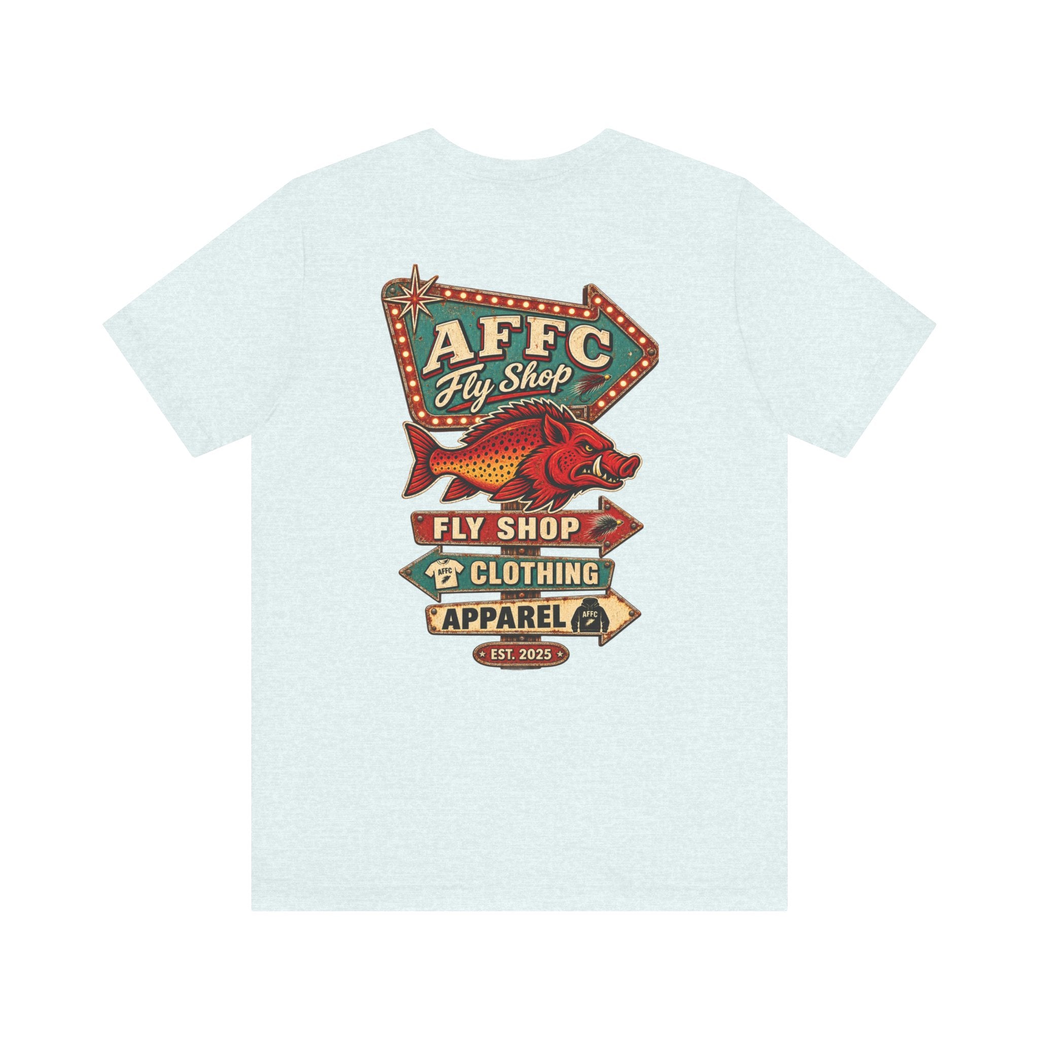 Athletic Fit Runs Small AFFCC Fly Shop T-Shirt — Retro Fish Sign Graphic Tee (AFFC Fly Shop)