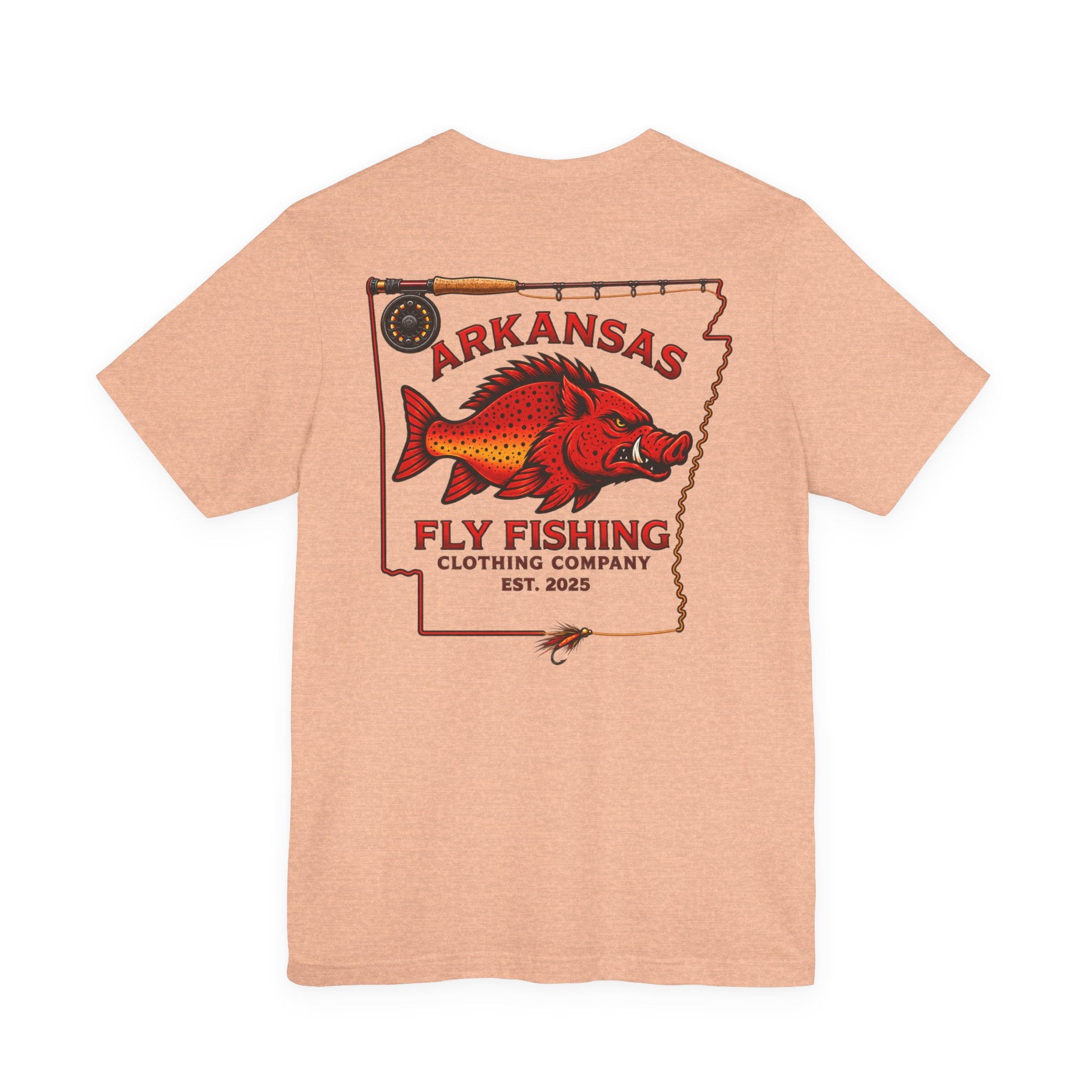 Athletic fit Runs Small Arkansas Fly Fishing Clothing Co. State outline Tee — Redfish State Map Pocket & Back Graphic