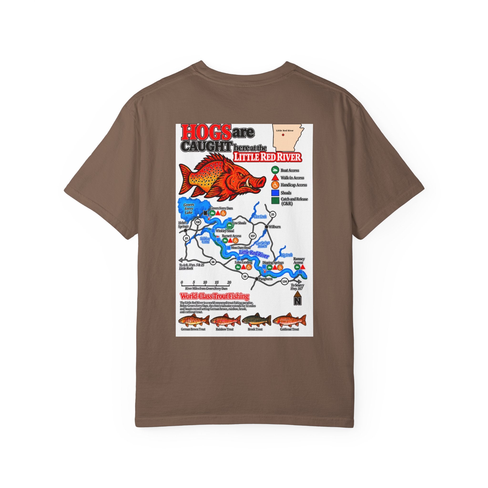 AFFCC Little Red River Arkansas Trout Map T-Shirt — 'Hogs Live Here' Fishing Guide Tee