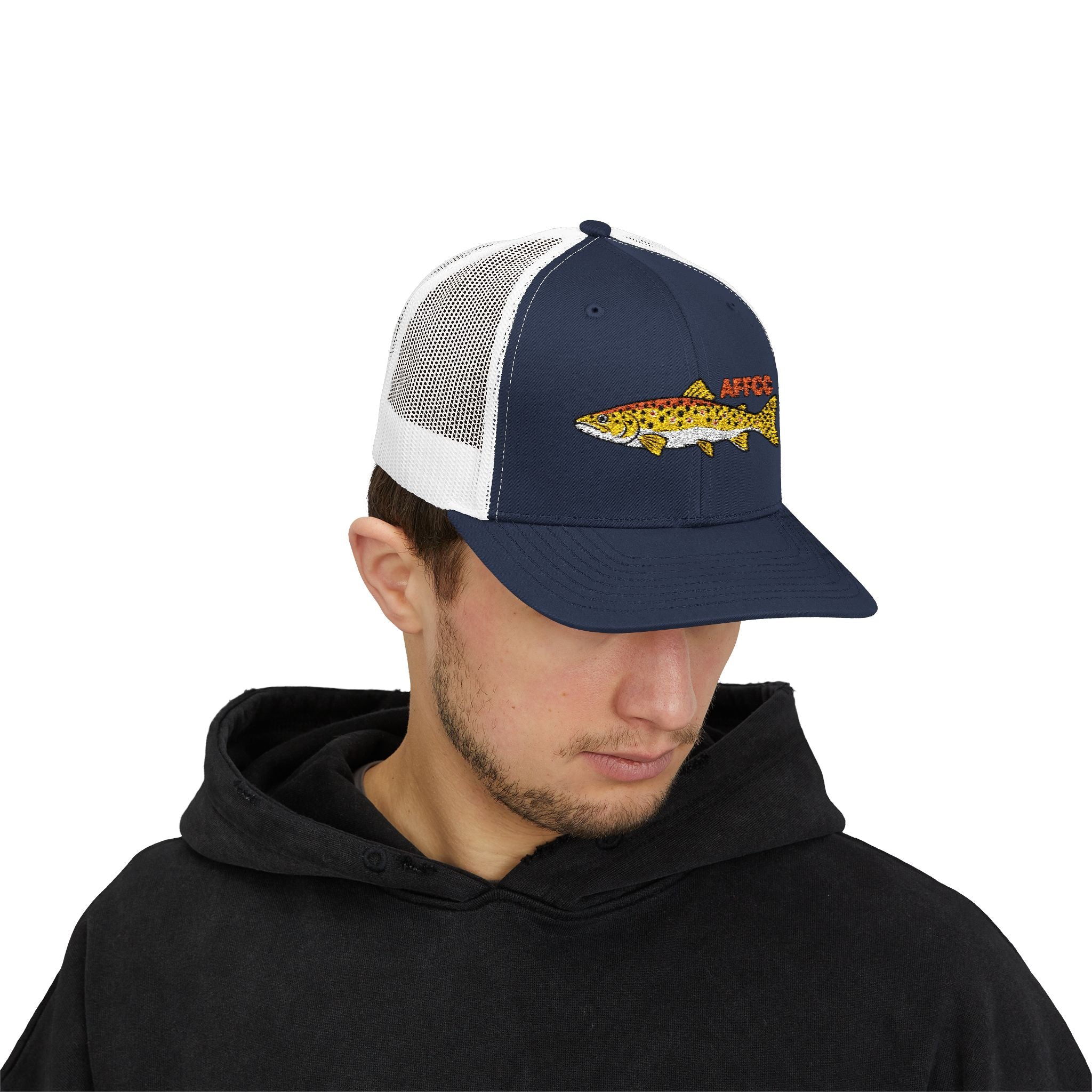 AFFCC Brown Trout Embroidered Trucker Hat – Embroidered Brown Trout ‘AFFCC’ Fishing Hat