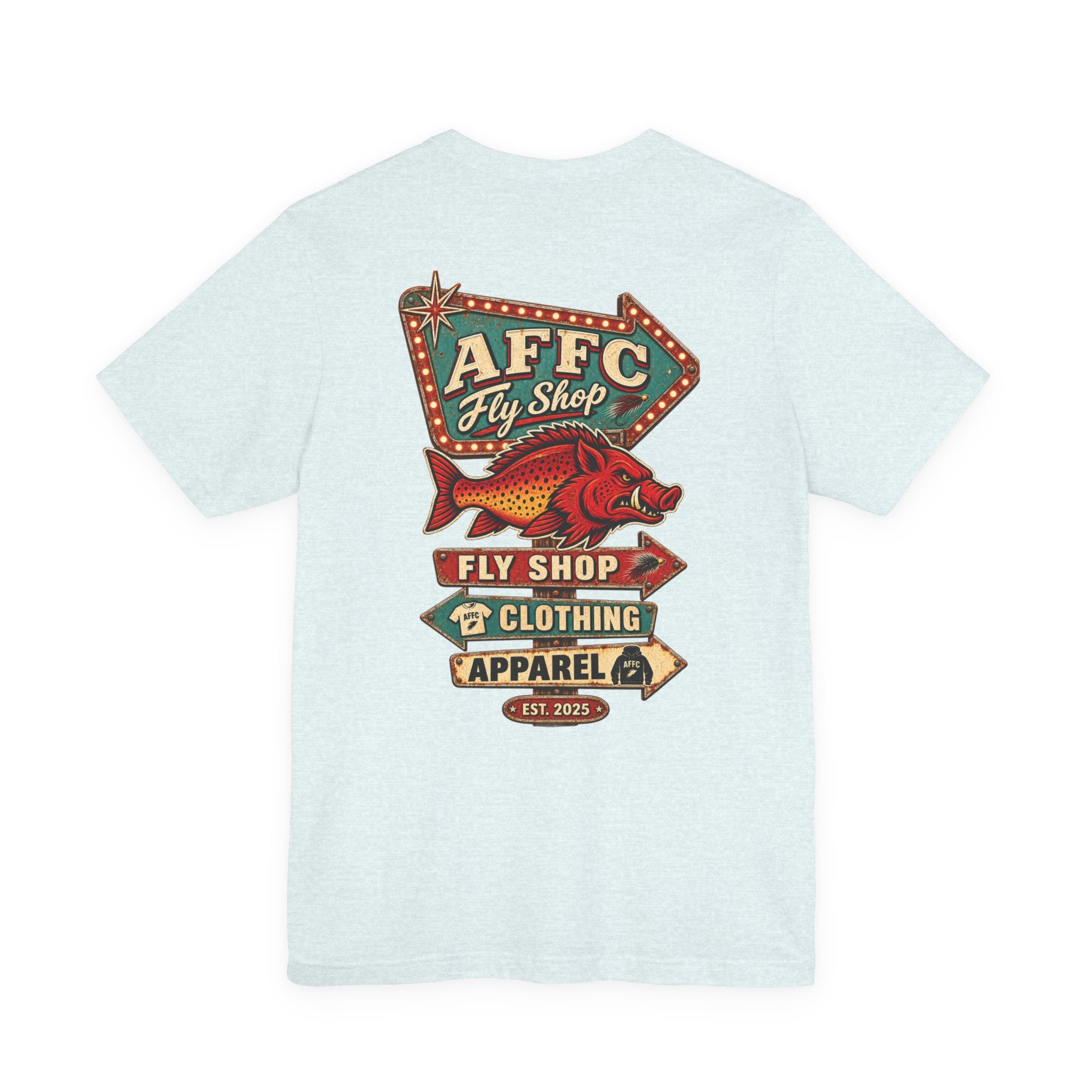Athletic Fit Runs Small AFFCC Fly Shop T-Shirt — Retro Fish Sign Graphic Tee (AFFC Fly Shop)