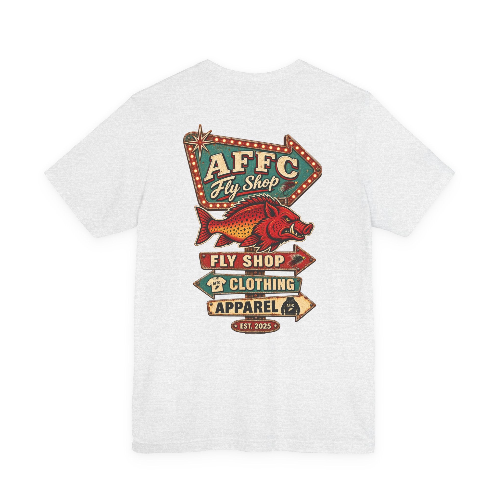 Athletic Fit Runs Small AFFCC Fly Shop T-Shirt — Retro Fish Sign Graphic Tee (AFFC Fly Shop)