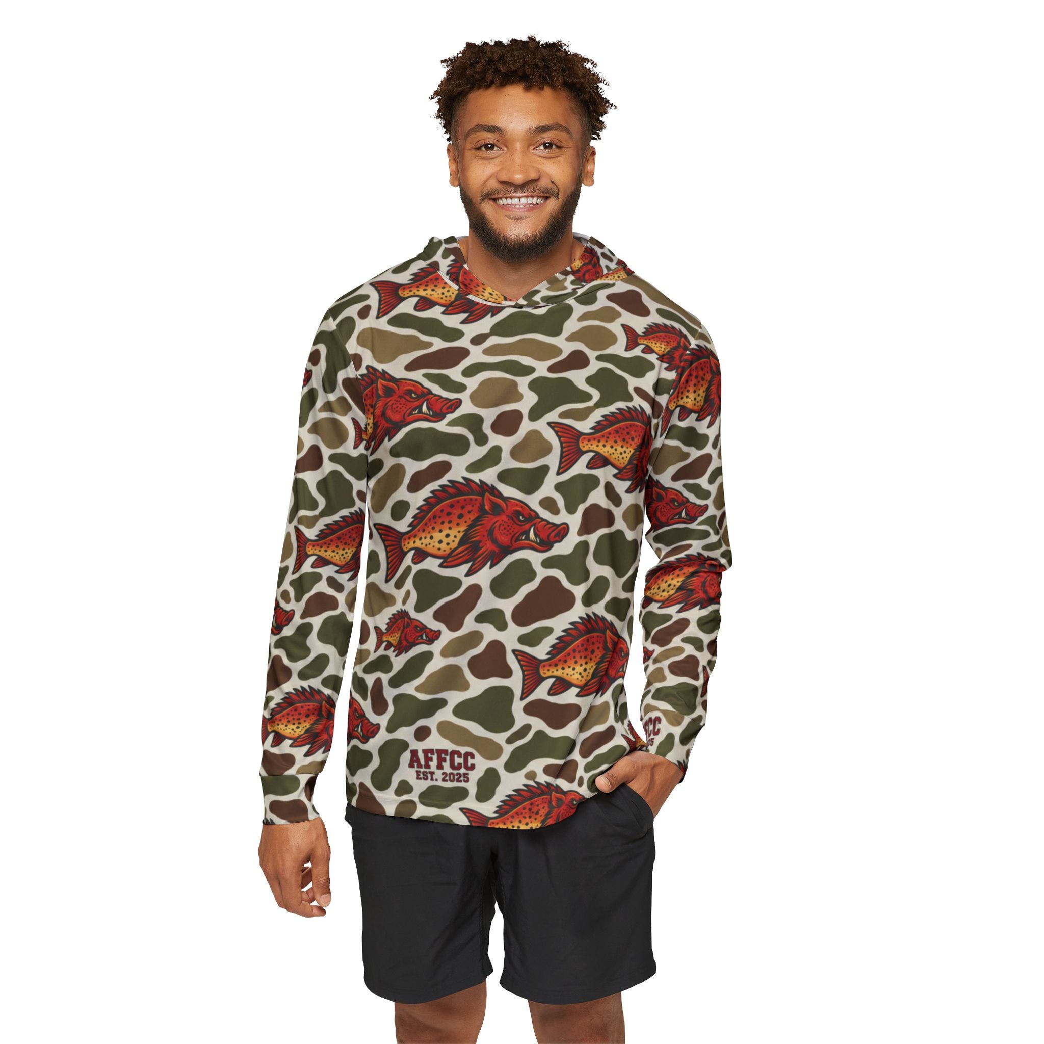 AFFCC EST. 2025 Camo All Sublimation Print Hoodie — Camouflage Fish Camo All-Over Print Sports Warmup Hoodie