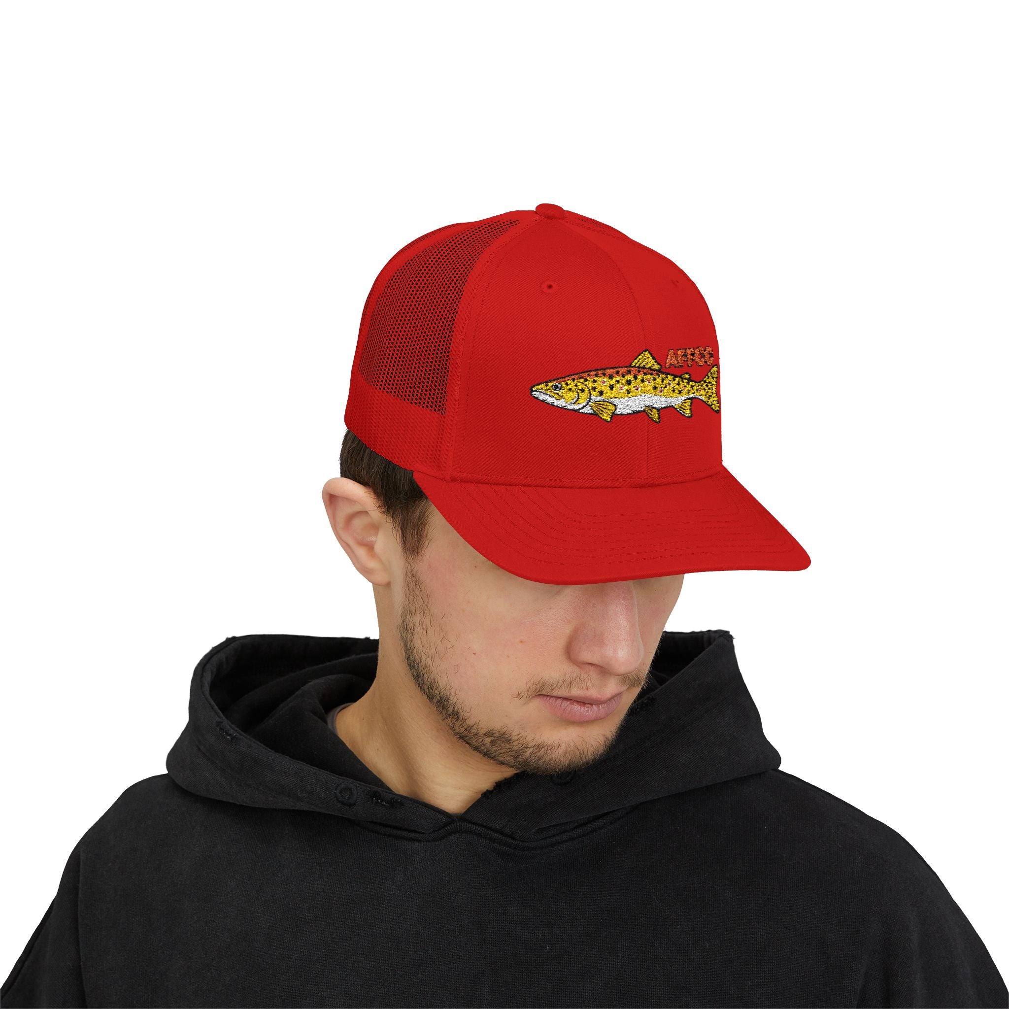 AFFCC Brown Trout Embroidered Trucker Hat – Embroidered Brown Trout ‘AFFCC’ Fishing Hat