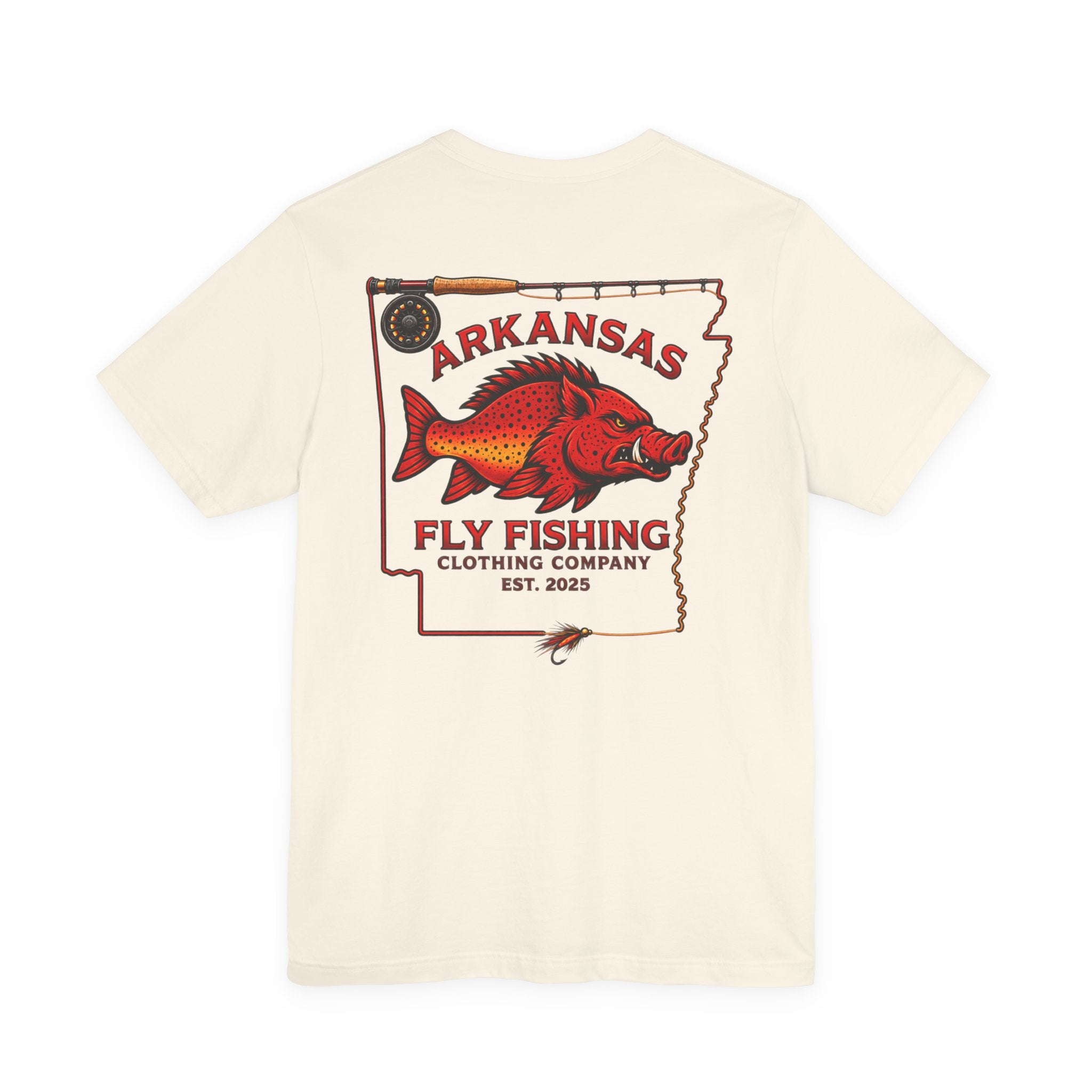 Athletic fit Runs Small Arkansas Fly Fishing Clothing Co. State outline Tee — Redfish State Map Pocket & Back Graphic