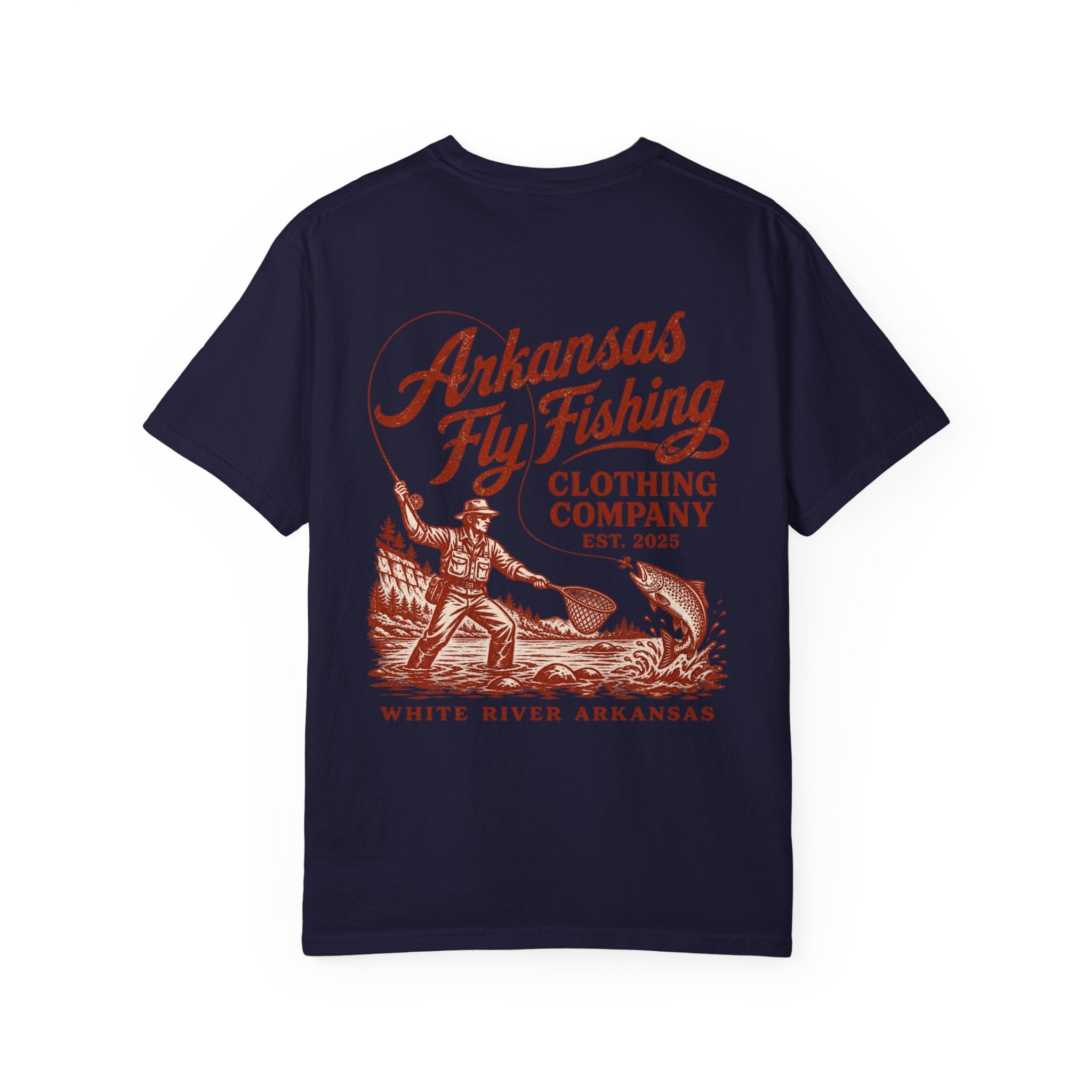 AFFC Arkansas Fly Fishing Hog/Trout Patch T-Shirt | Small Chest Graphic Large Back Graphic