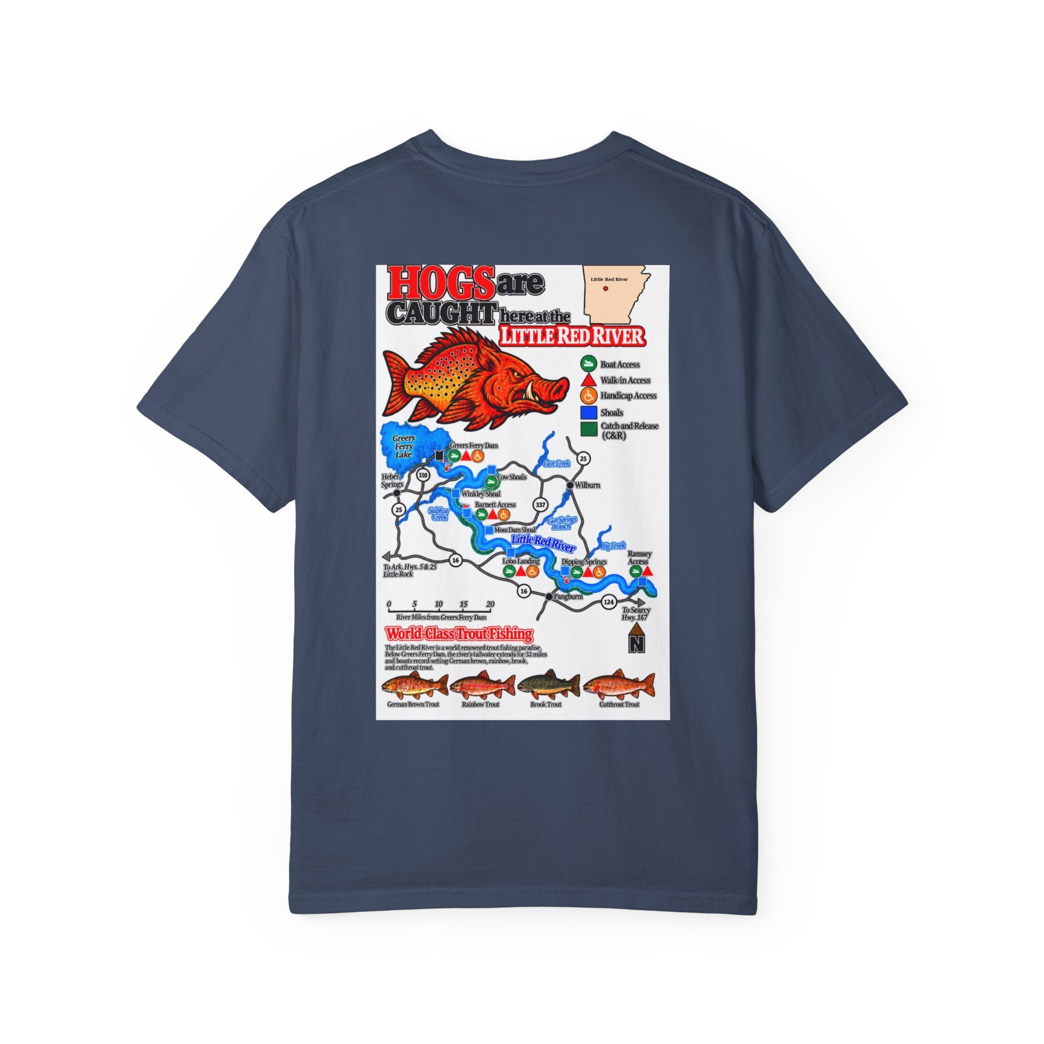 AFFCC Little Red River Arkansas Trout Map T-Shirt — 'Hogs Live Here' Fishing Guide Tee