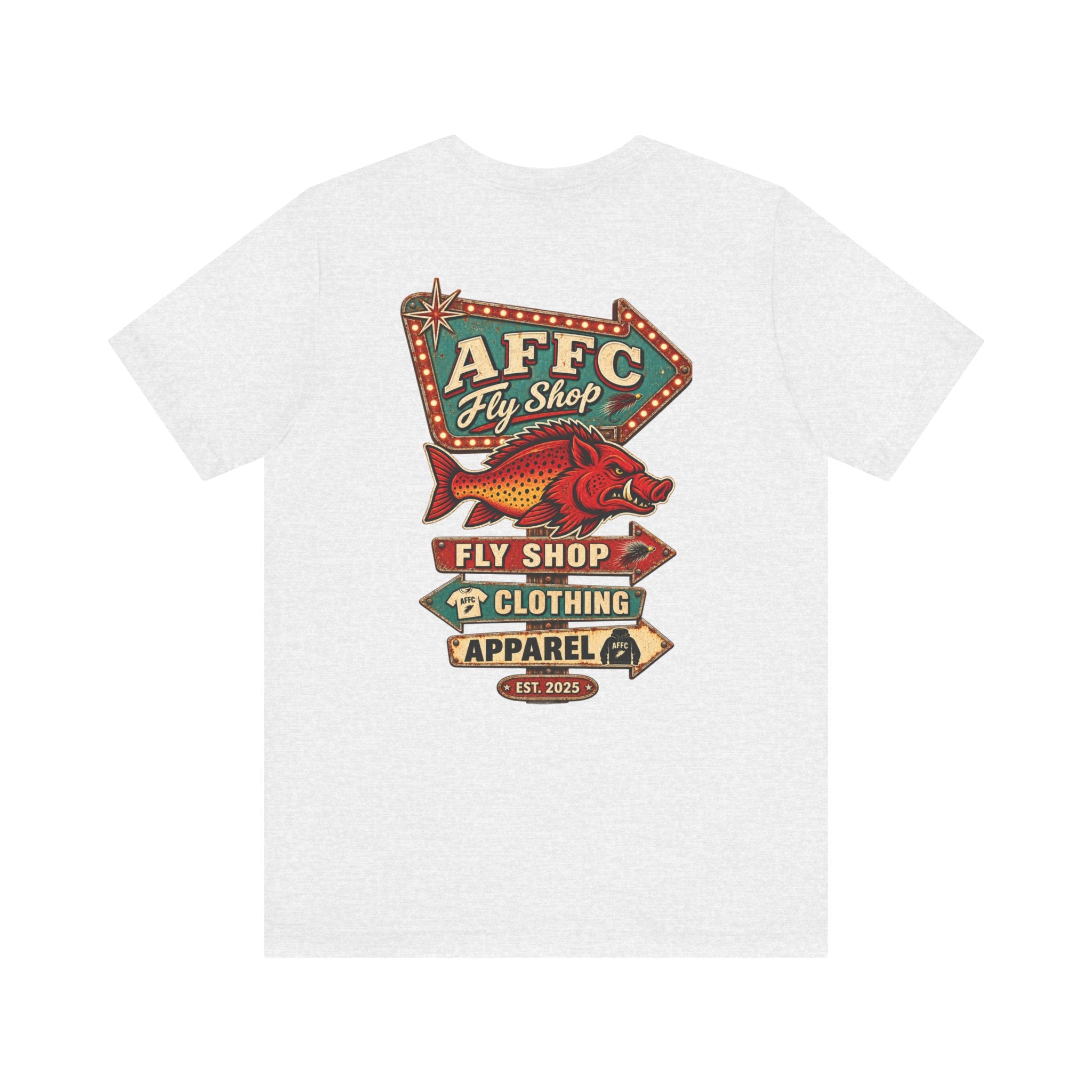 Athletic Fit Runs Small AFFCC Fly Shop T-Shirt — Retro Fish Sign Graphic Tee (AFFC Fly Shop)