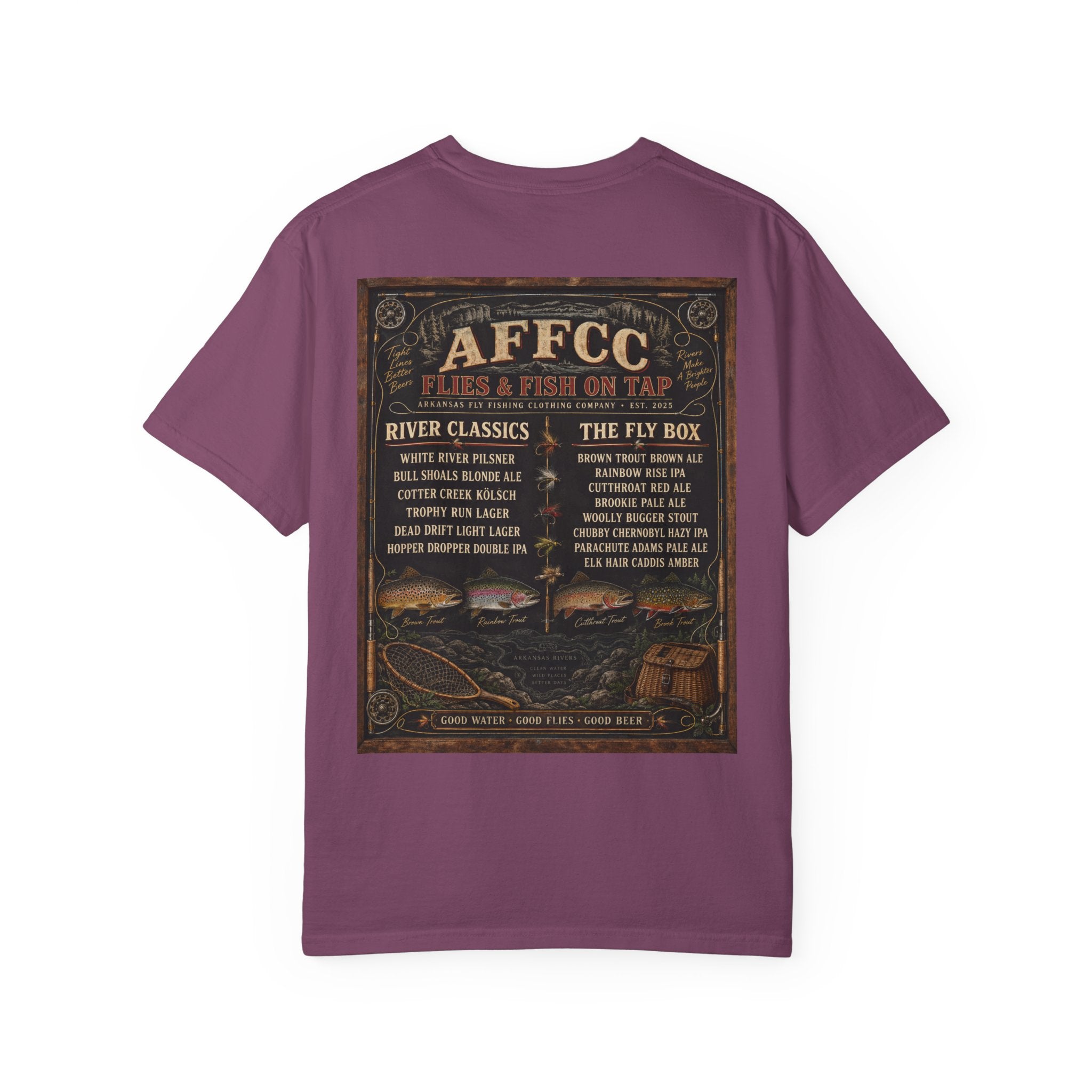 AFFCC Beer Menu Fly Fishing T‑Shirt — AFCC River Classics Vintage Patch Design