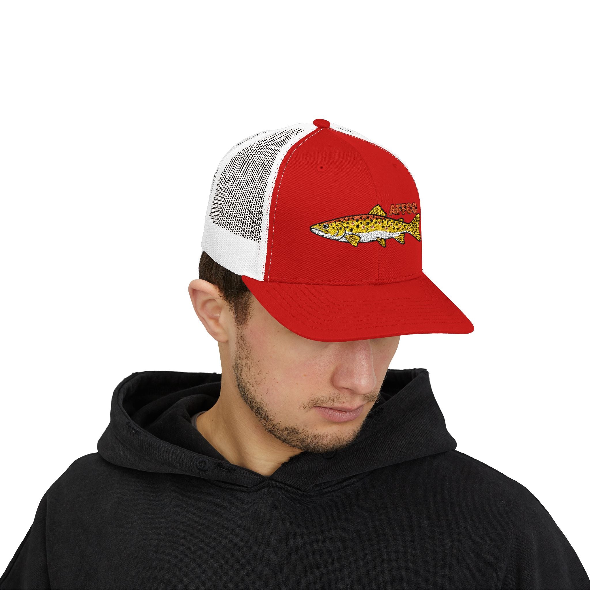 AFFCC Brown Trout Embroidered Trucker Hat – Embroidered Brown Trout ‘AFFCC’ Fishing Hat