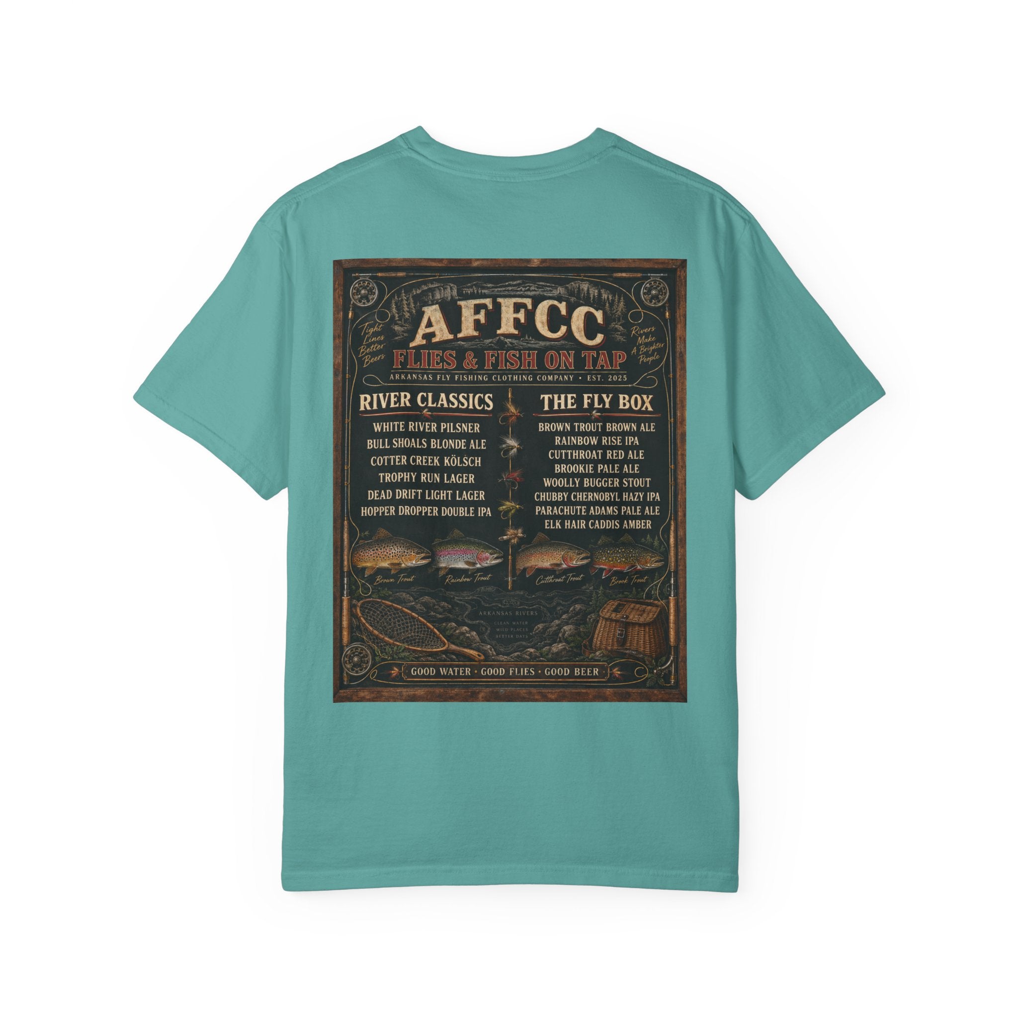 AFFCC Beer Menu Fly Fishing T‑Shirt — AFCC River Classics Vintage Patch Design