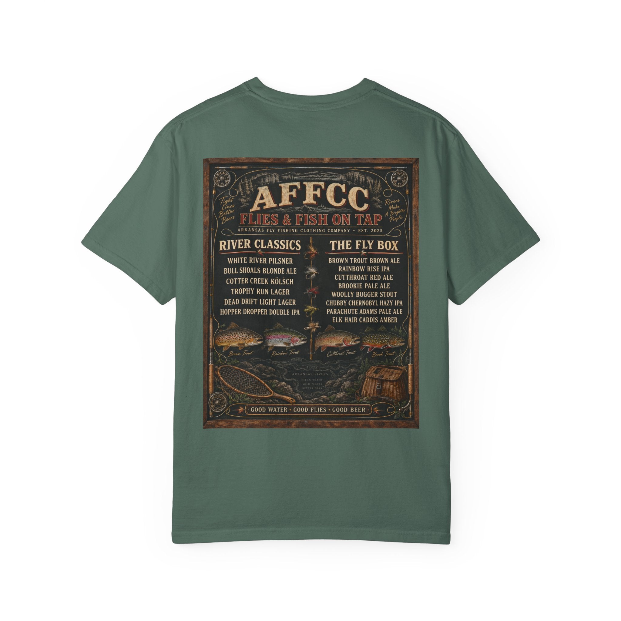 AFFCC Beer Menu Fly Fishing T‑Shirt — AFCC River Classics Vintage Patch Design