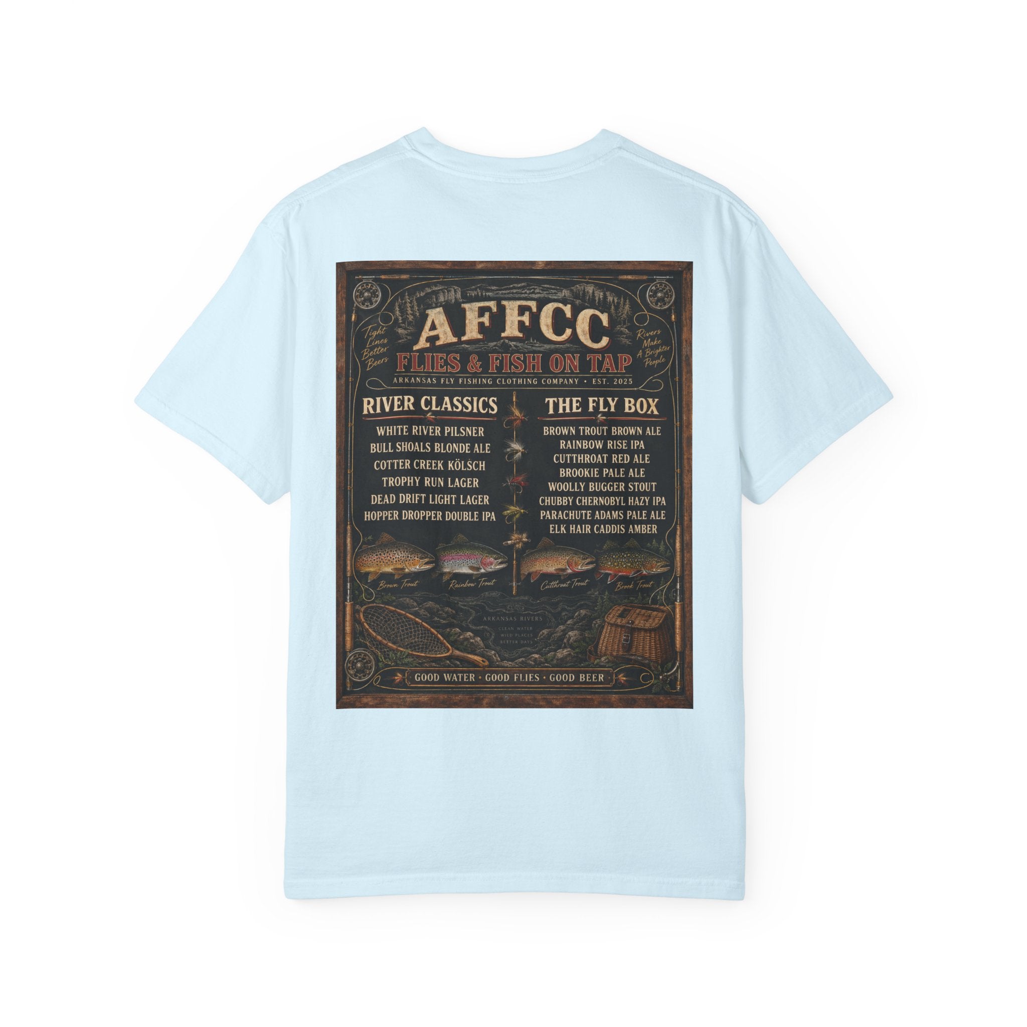 AFFCC Beer Menu Fly Fishing T‑Shirt — AFCC River Classics Vintage Patch Design