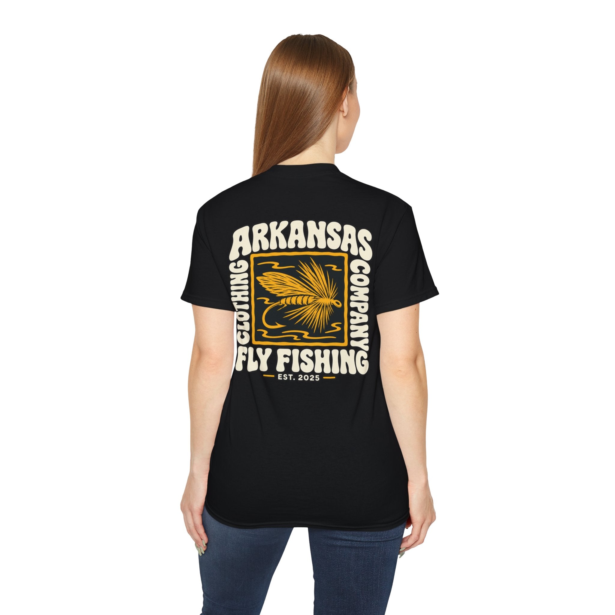 Arkansas Fly Fishing Clothing Company Square Graphic T-Shirt — Arkansas Clothing Company Vintage Fly Design