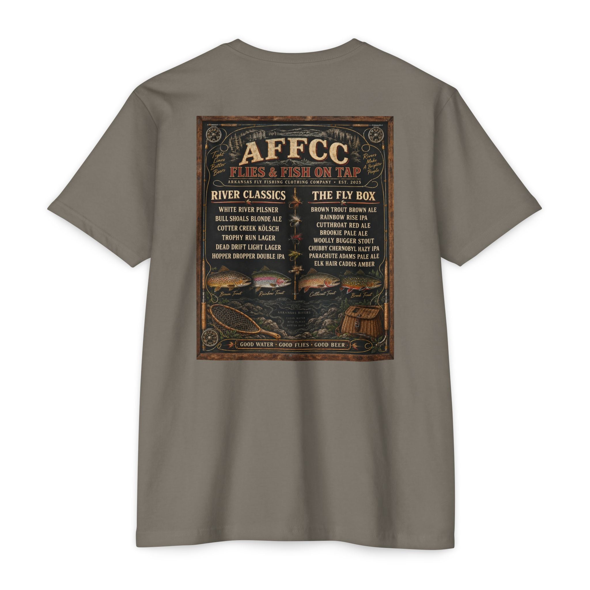 AFFCC Beer Menu Graphic T-Shirt — AFCCC 'Flies & Fish on Tap' Pocket & Back Print