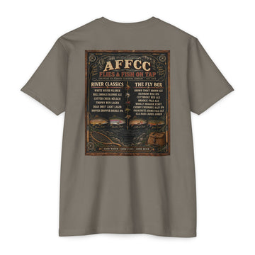 AFFCC Beer Menu Graphic T-Shirt — AFCCC 'Flies & Fish on Tap' Pocket & Back Print