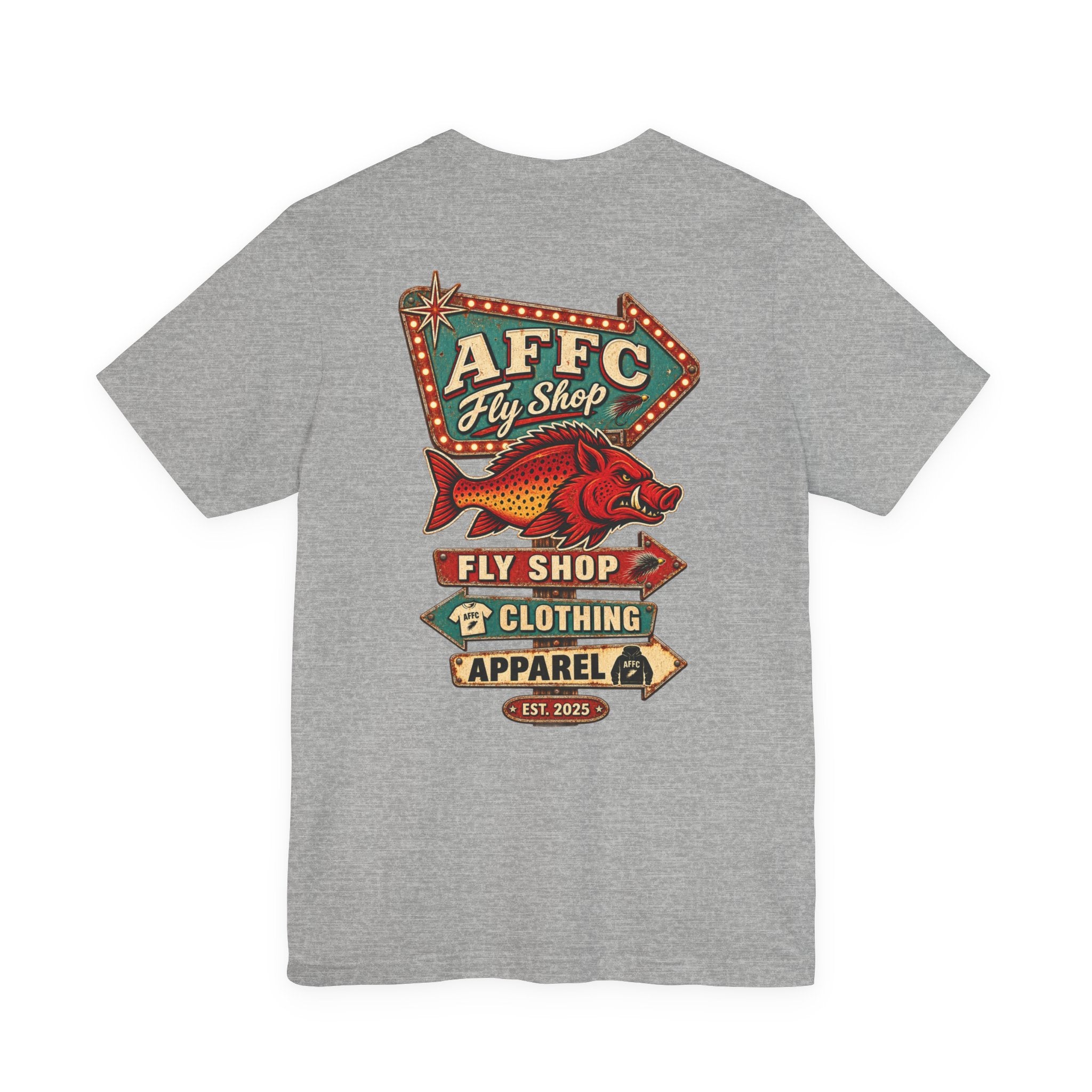 Athletic Fit Runs Small AFFCC Fly Shop T-Shirt — Retro Fish Sign Graphic Tee (AFFC Fly Shop)