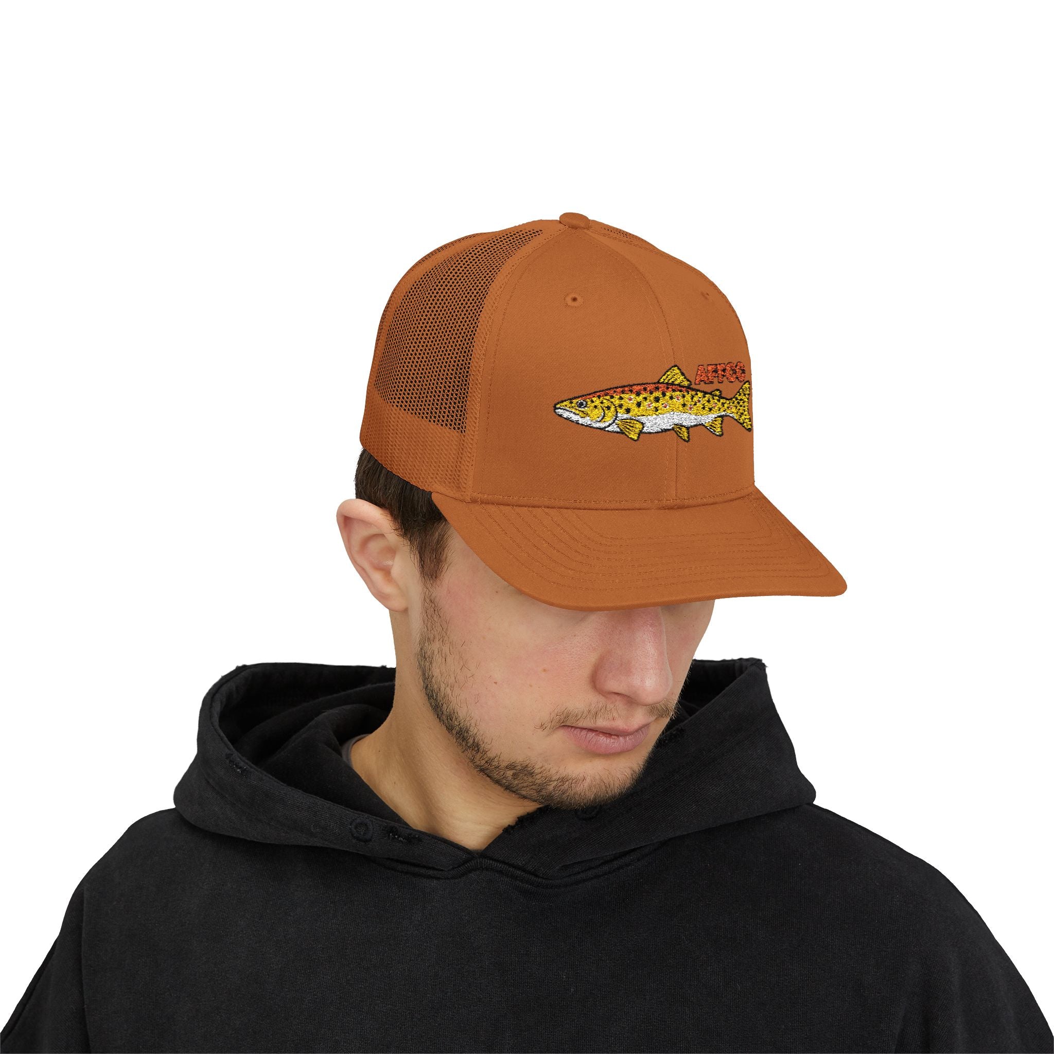 AFFCC Brown Trout Embroidered Trucker Hat – Embroidered Brown Trout ‘AFFCC’ Fishing Hat