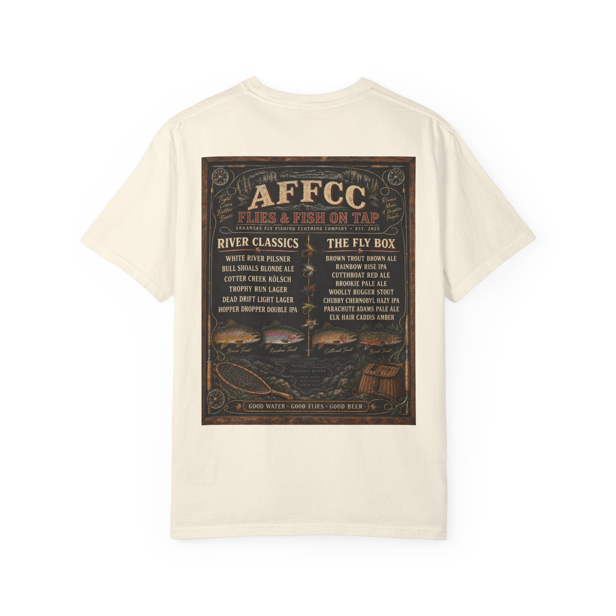 AFFCC Beer Menu Fly Fishing T‑Shirt — AFCC River Classics Vintage Patch Design