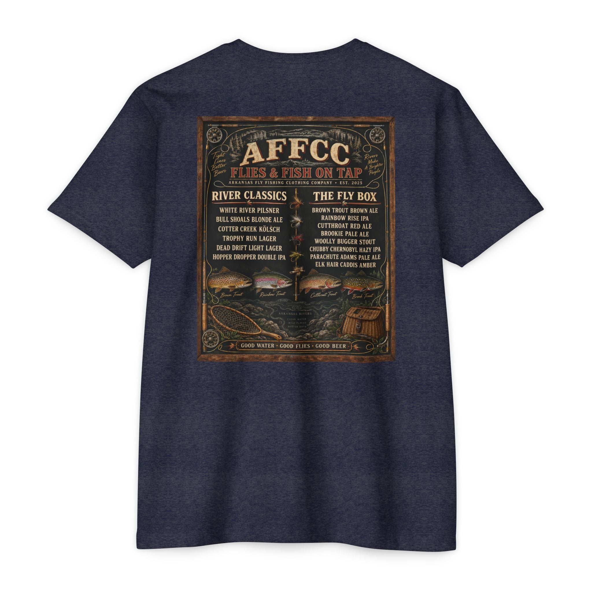 AFFCC Beer Menu Graphic T-Shirt — AFCCC 'Flies & Fish on Tap' Pocket & Back Print
