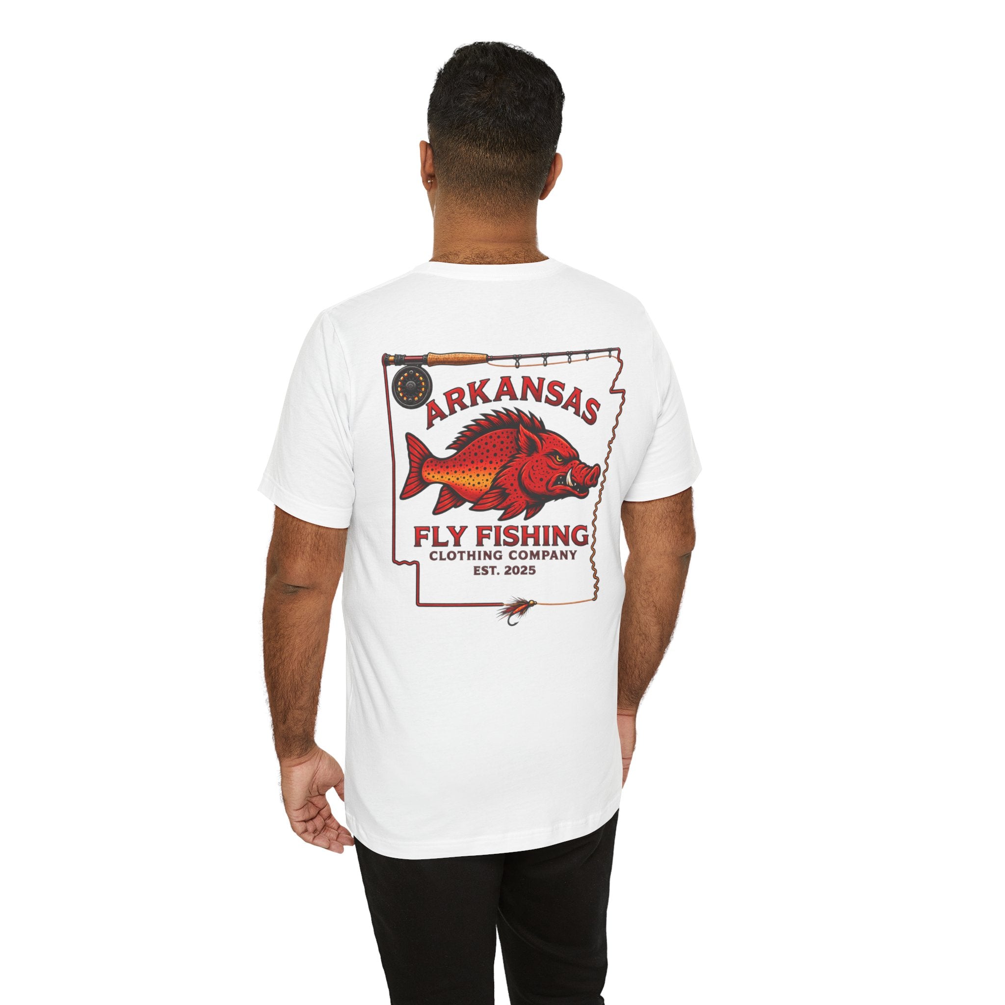 Athletic fit Runs Small Arkansas Fly Fishing Clothing Co. State outline Tee — Redfish State Map Pocket & Back Graphic