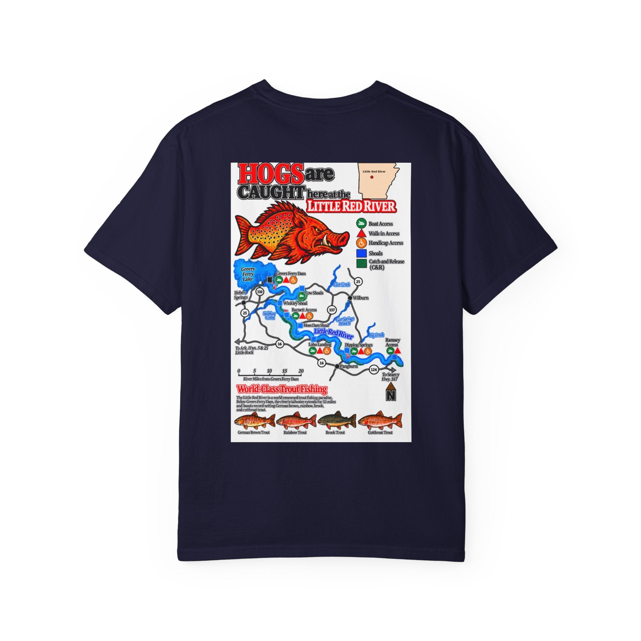 AFFCC Little Red River Arkansas Trout Map T-Shirt — 'Hogs Live Here' Fishing Guide Tee