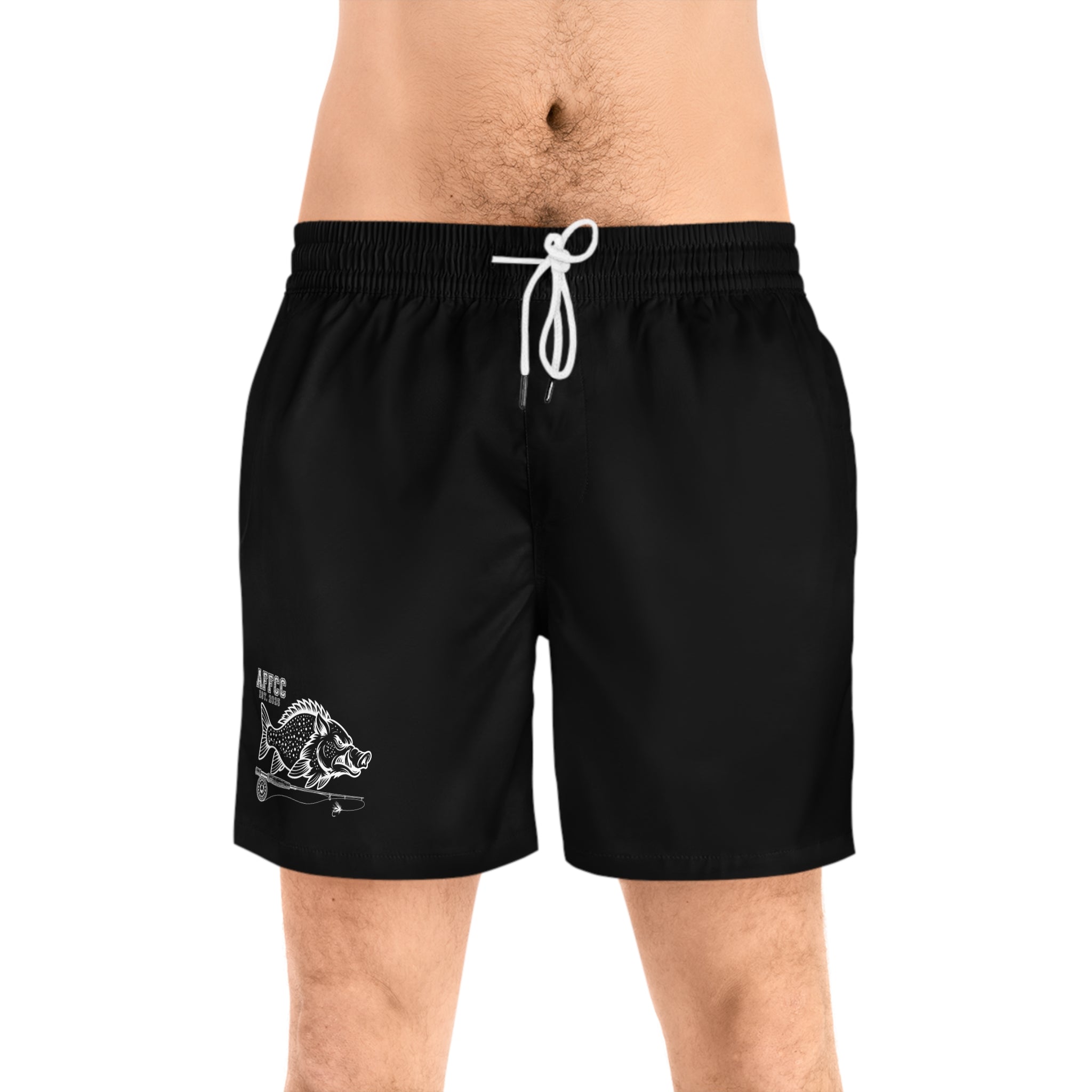 Men's Black Swim Shorts with 'AFTCC' Fishing Marlin Graphic
