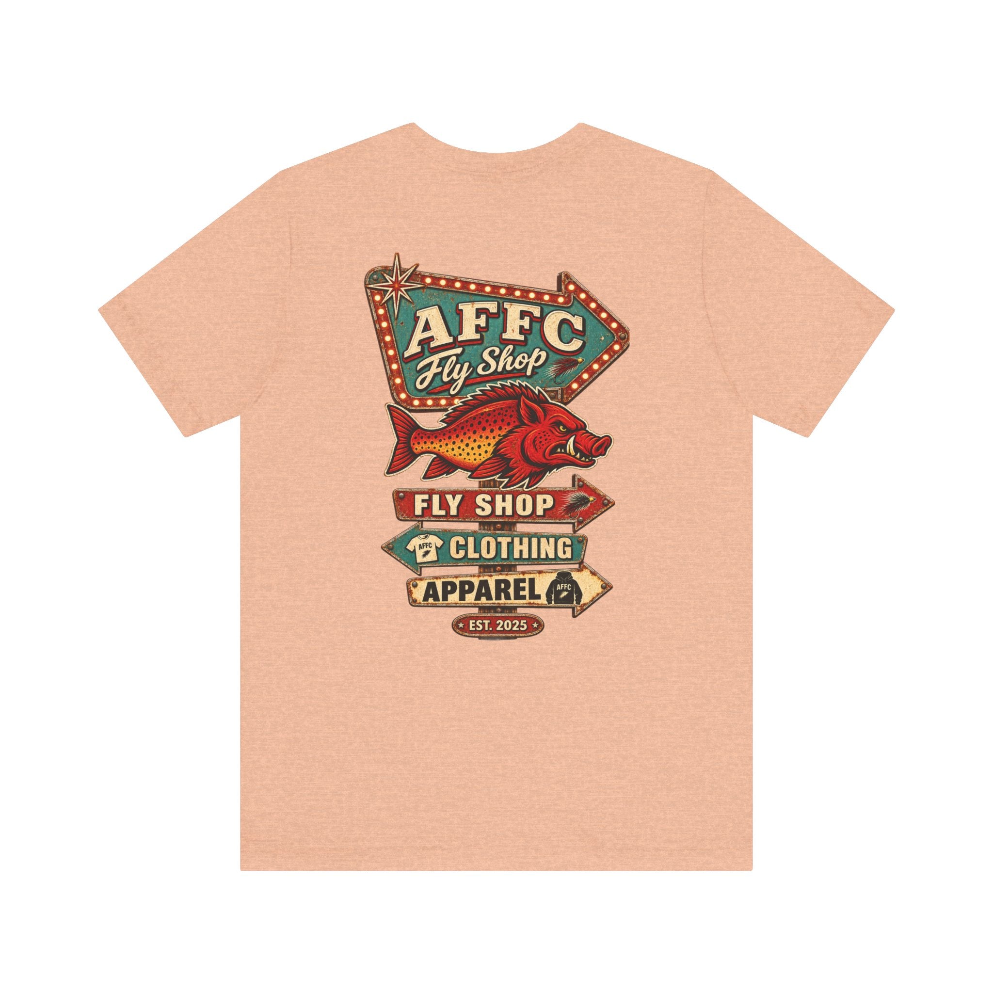 Athletic Fit Runs Small AFFCC Fly Shop T-Shirt — Retro Fish Sign Graphic Tee (AFFC Fly Shop)