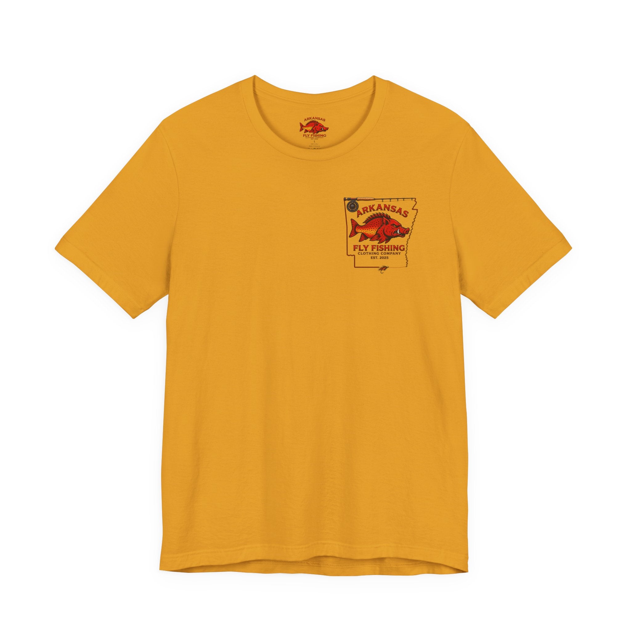 Athletic fit Runs Small Arkansas Fly Fishing Clothing Co. State outline Tee — Redfish State Map Pocket & Back Graphic