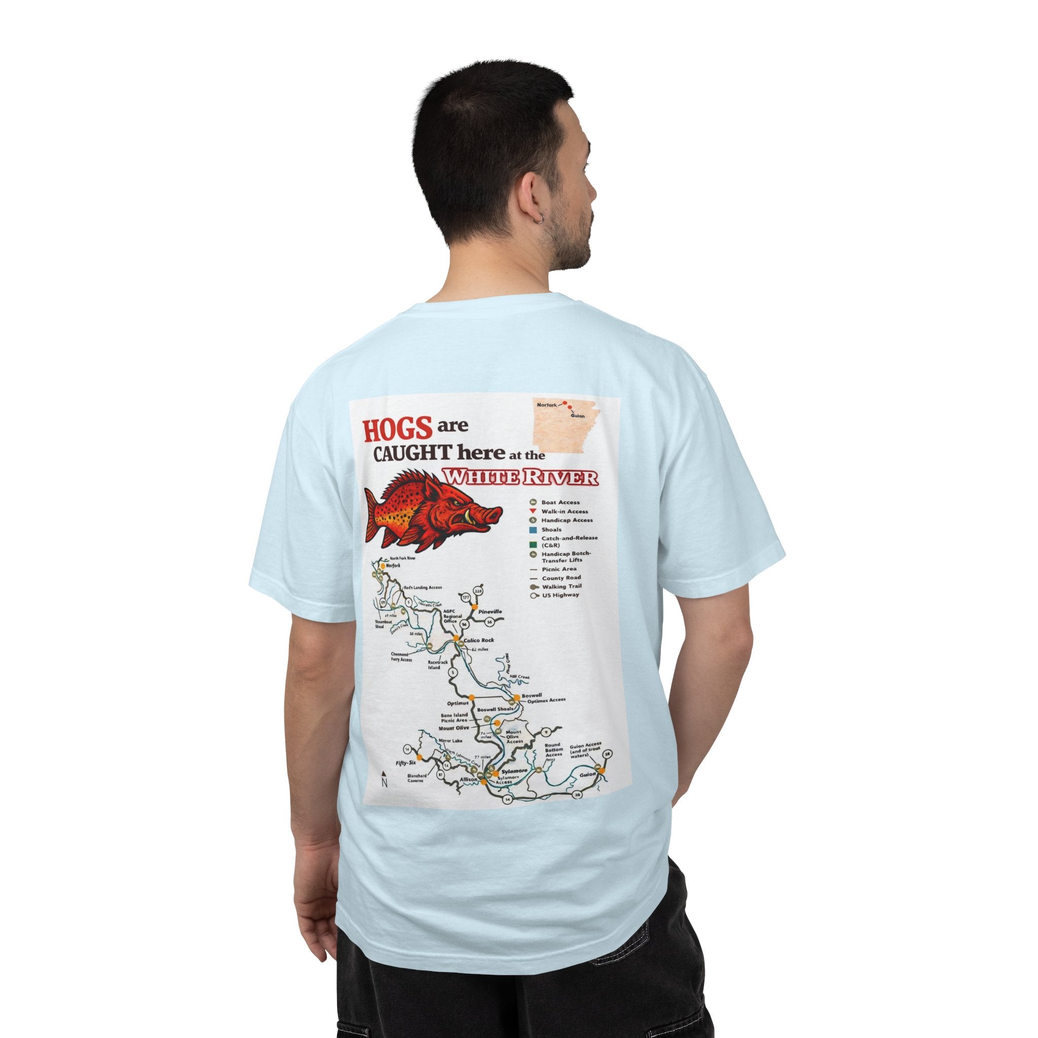 AFFCC White River Fishing Map T-Shirt — “Hogs Are Caught Here” Arkansas White River Trout Map