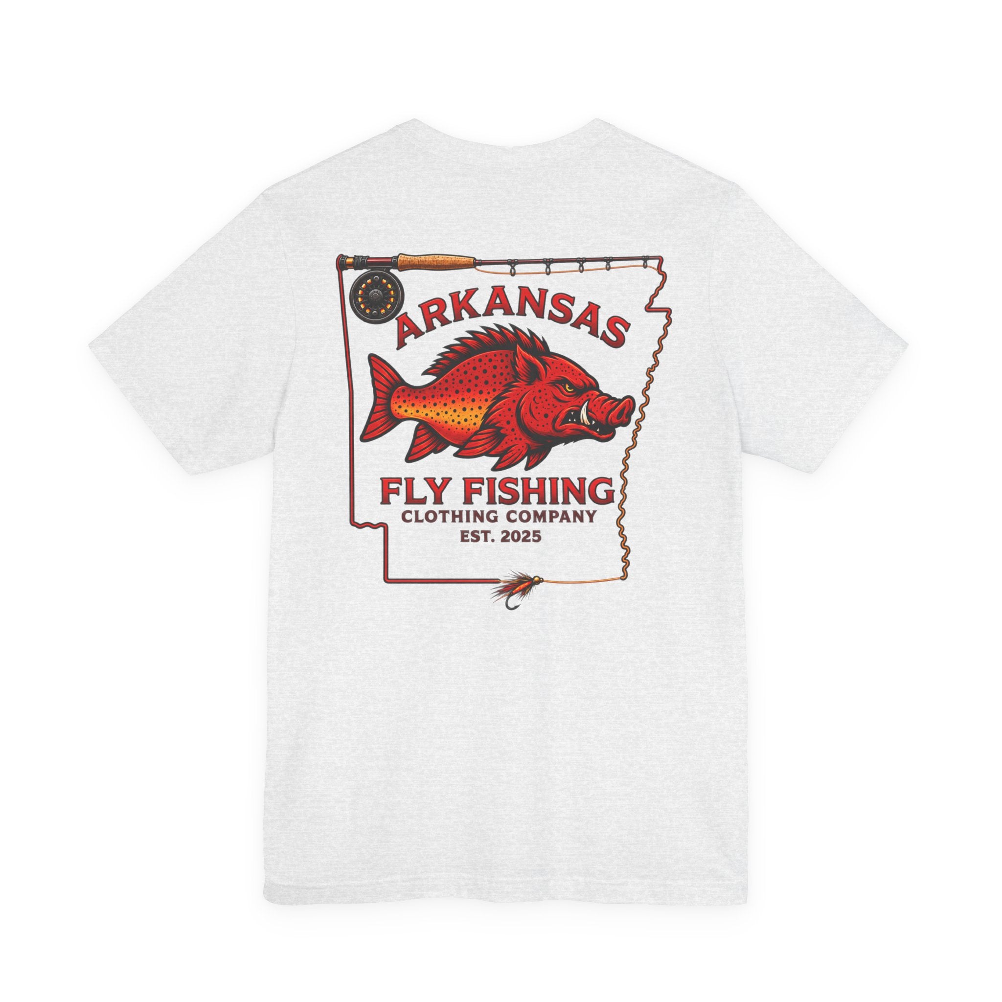 Athletic fit Runs Small Arkansas Fly Fishing Clothing Co. State outline Tee — Redfish State Map Pocket & Back Graphic