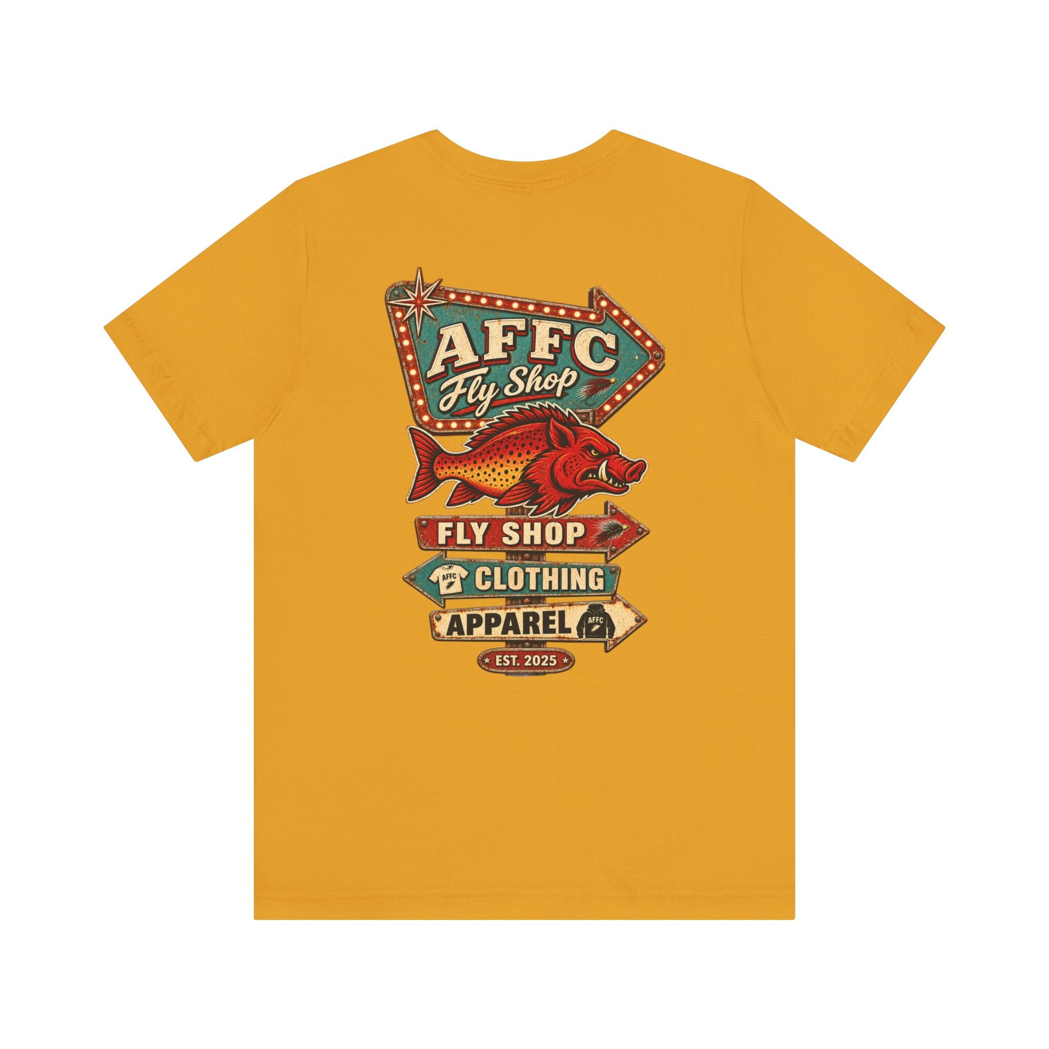 Athletic Fit Runs Small AFFCC Fly Shop T-Shirt — Retro Fish Sign Graphic Tee (AFFC Fly Shop)