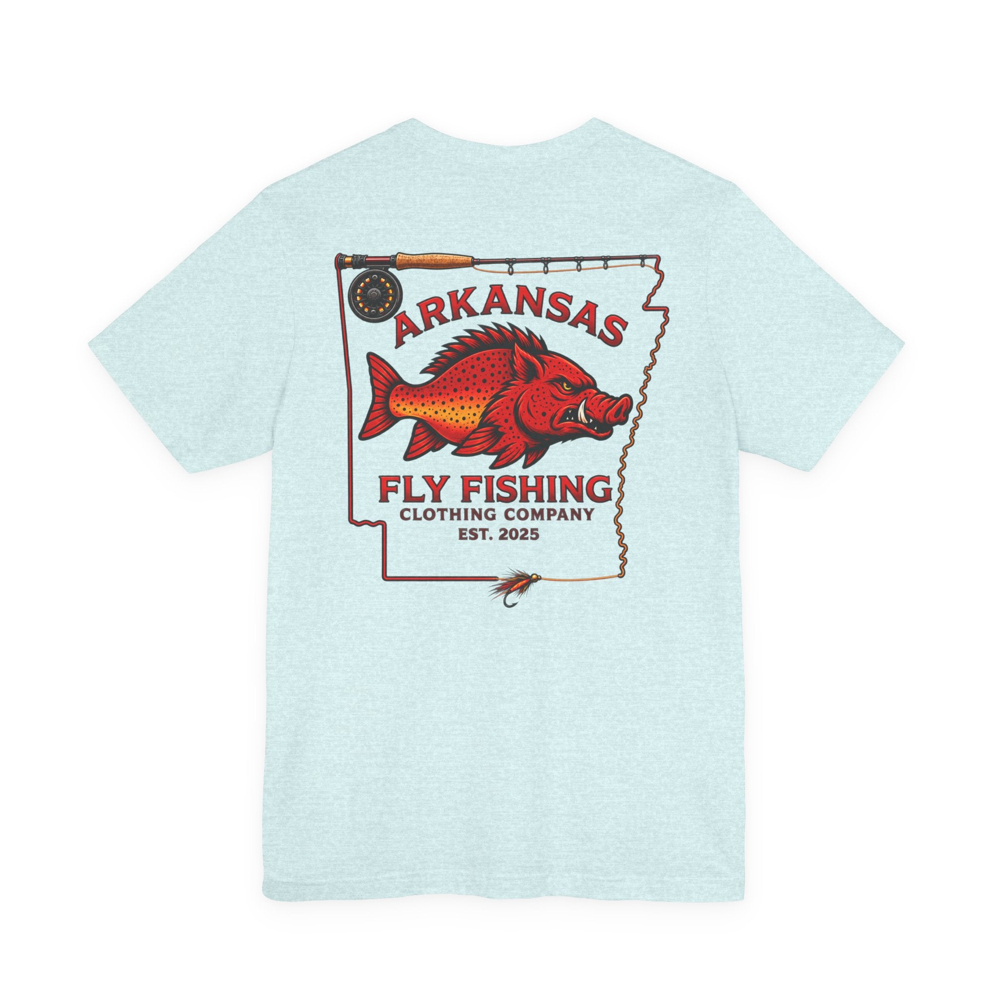 Athletic fit Runs Small Arkansas Fly Fishing Clothing Co. State outline Tee — Redfish State Map Pocket & Back Graphic