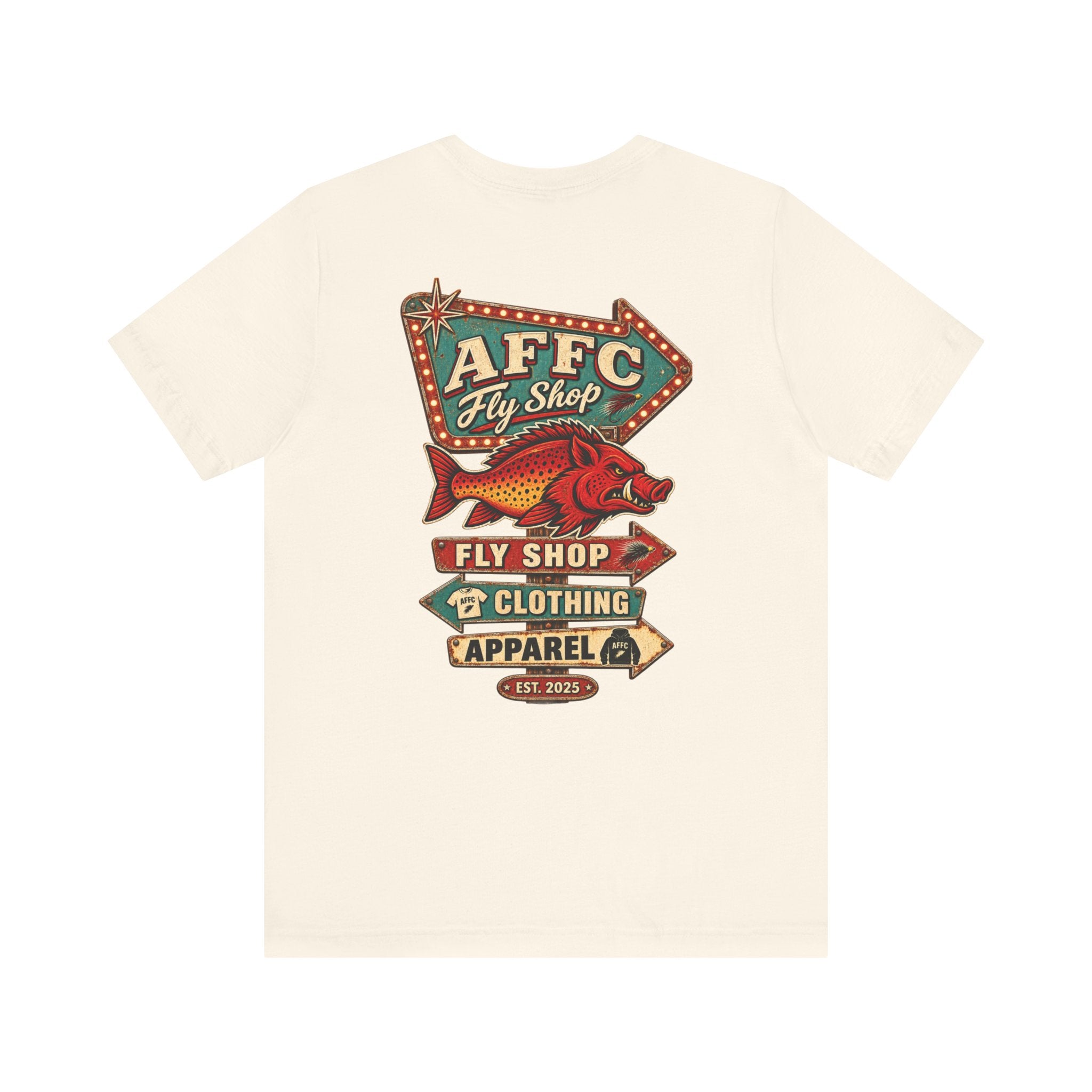 Athletic Fit Runs Small AFFCC Fly Shop T-Shirt — Retro Fish Sign Graphic Tee (AFFC Fly Shop)