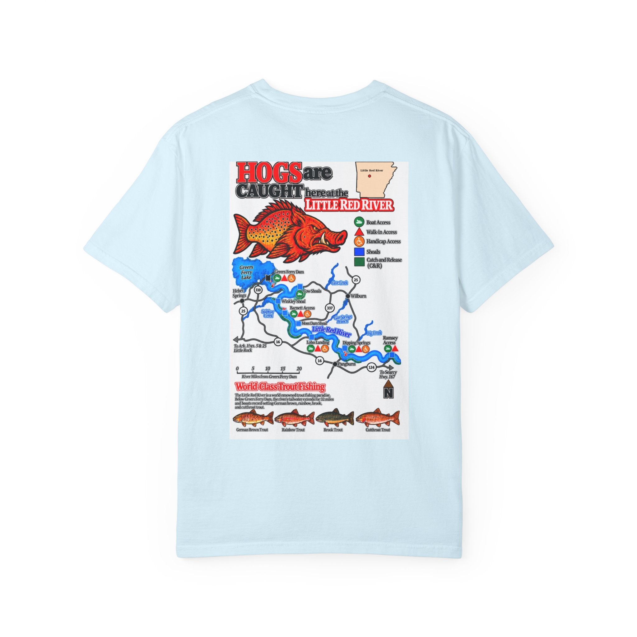 AFFCC Little Red River Arkansas Trout Map T-Shirt — 'Hogs Live Here' Fishing Guide Tee