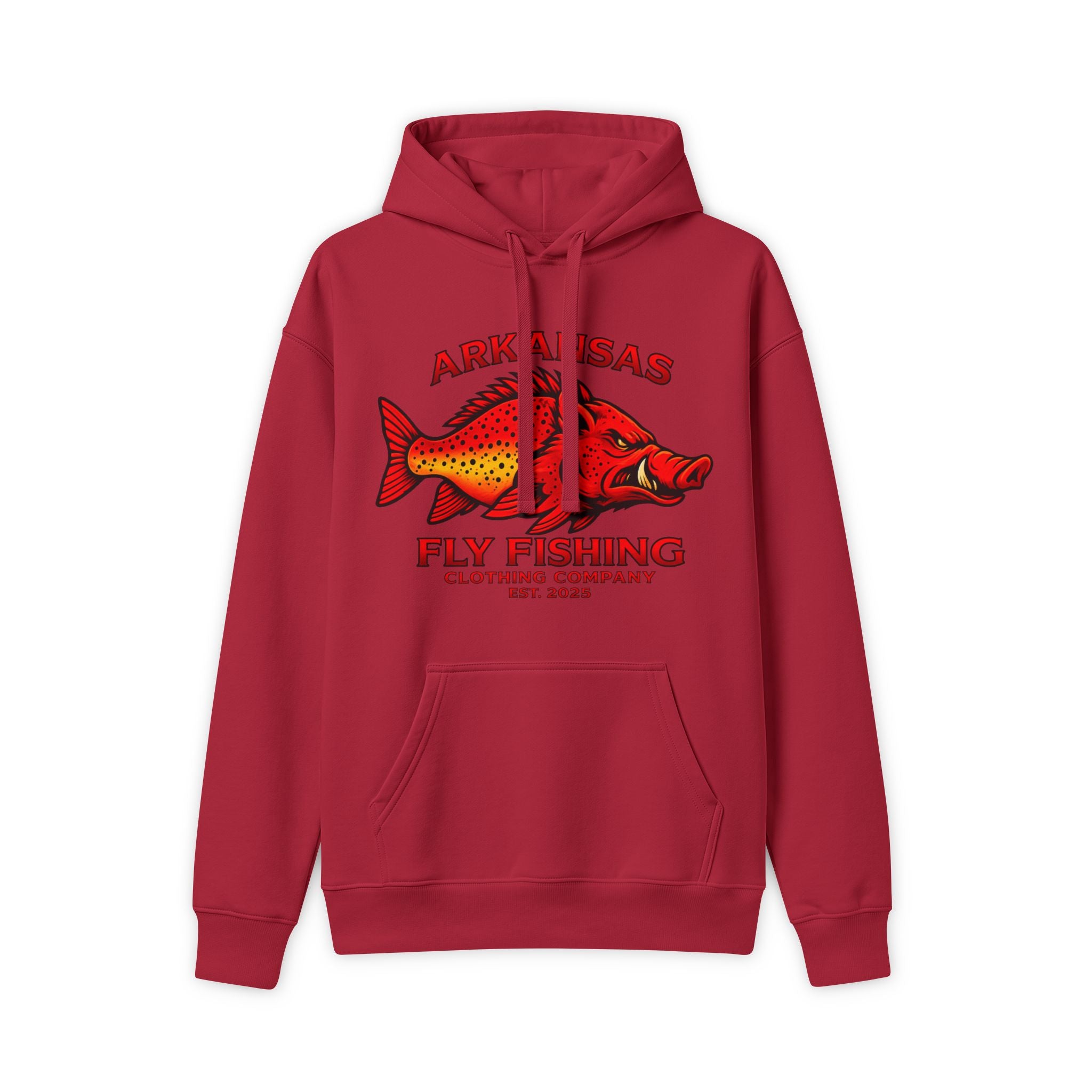 Arkansas Fly Fishing Clothing Company Premium Hooded Sweatshirt – Red Hog/Trout Graphic