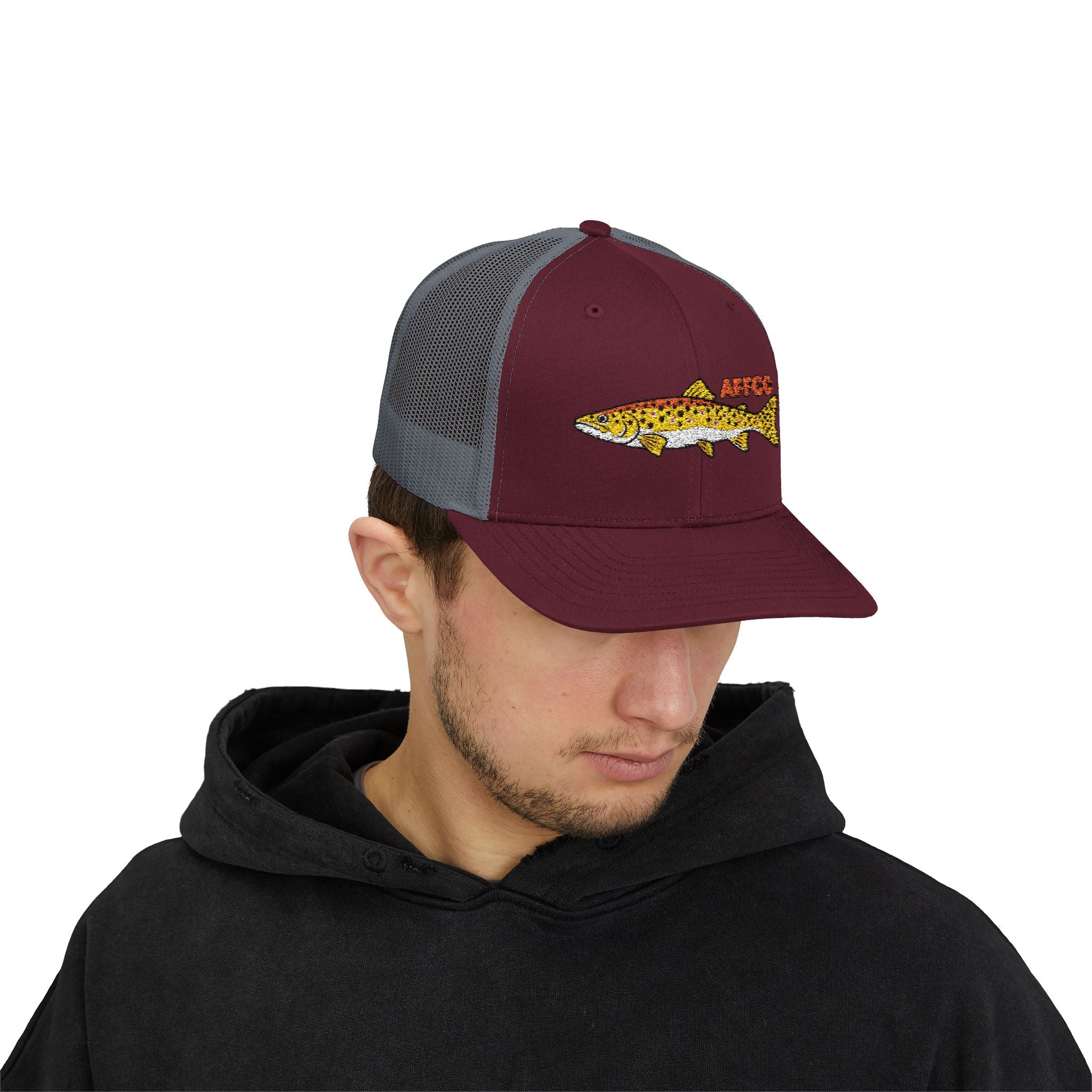 AFFCC Brown Trout Embroidered Trucker Hat – Embroidered Brown Trout ‘AFFCC’ Fishing Hat