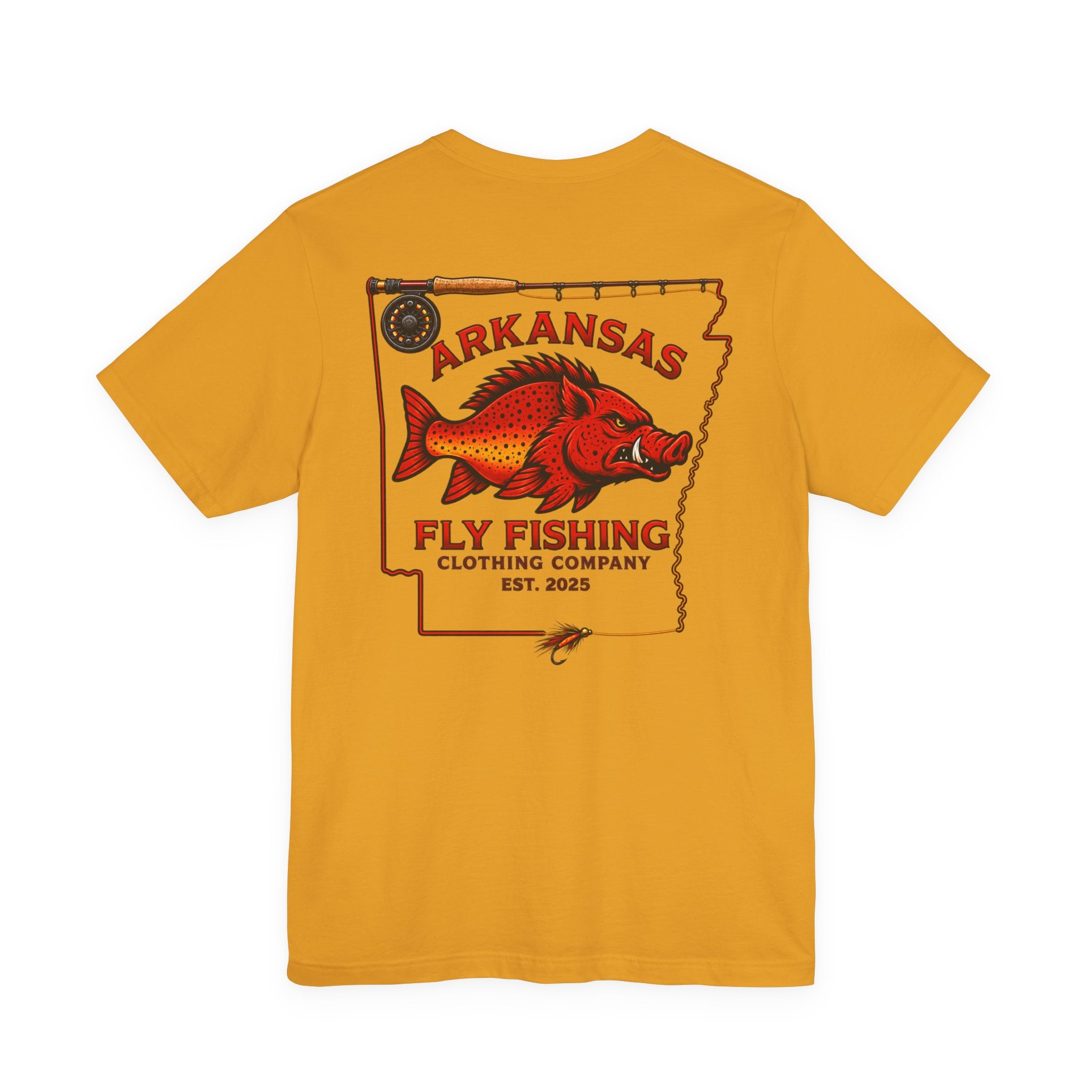 Athletic fit Runs Small Arkansas Fly Fishing Clothing Co. State outline Tee — Redfish State Map Pocket & Back Graphic