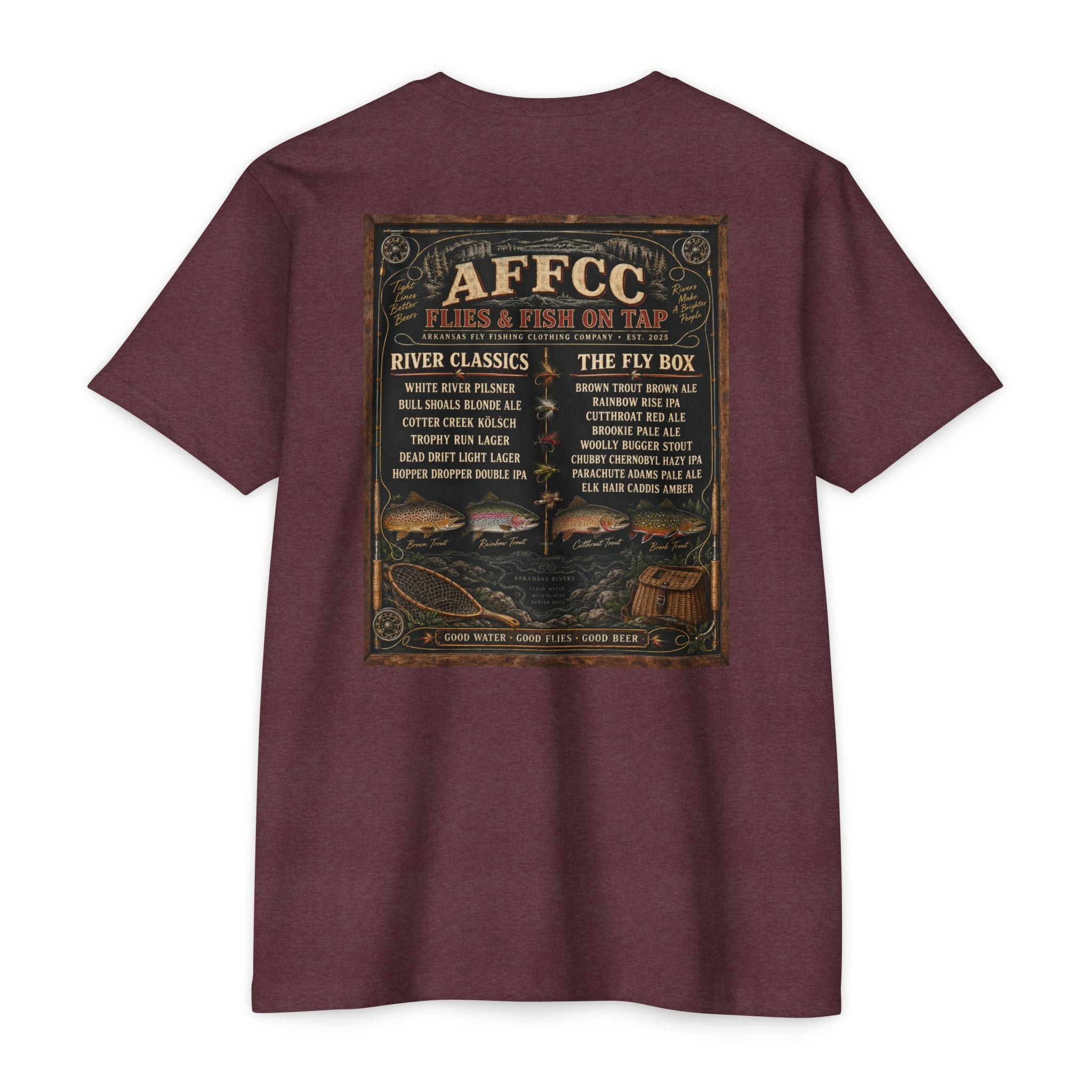 AFFCC Beer Menu Graphic T-Shirt — AFCCC 'Flies & Fish on Tap' Pocket & Back Print