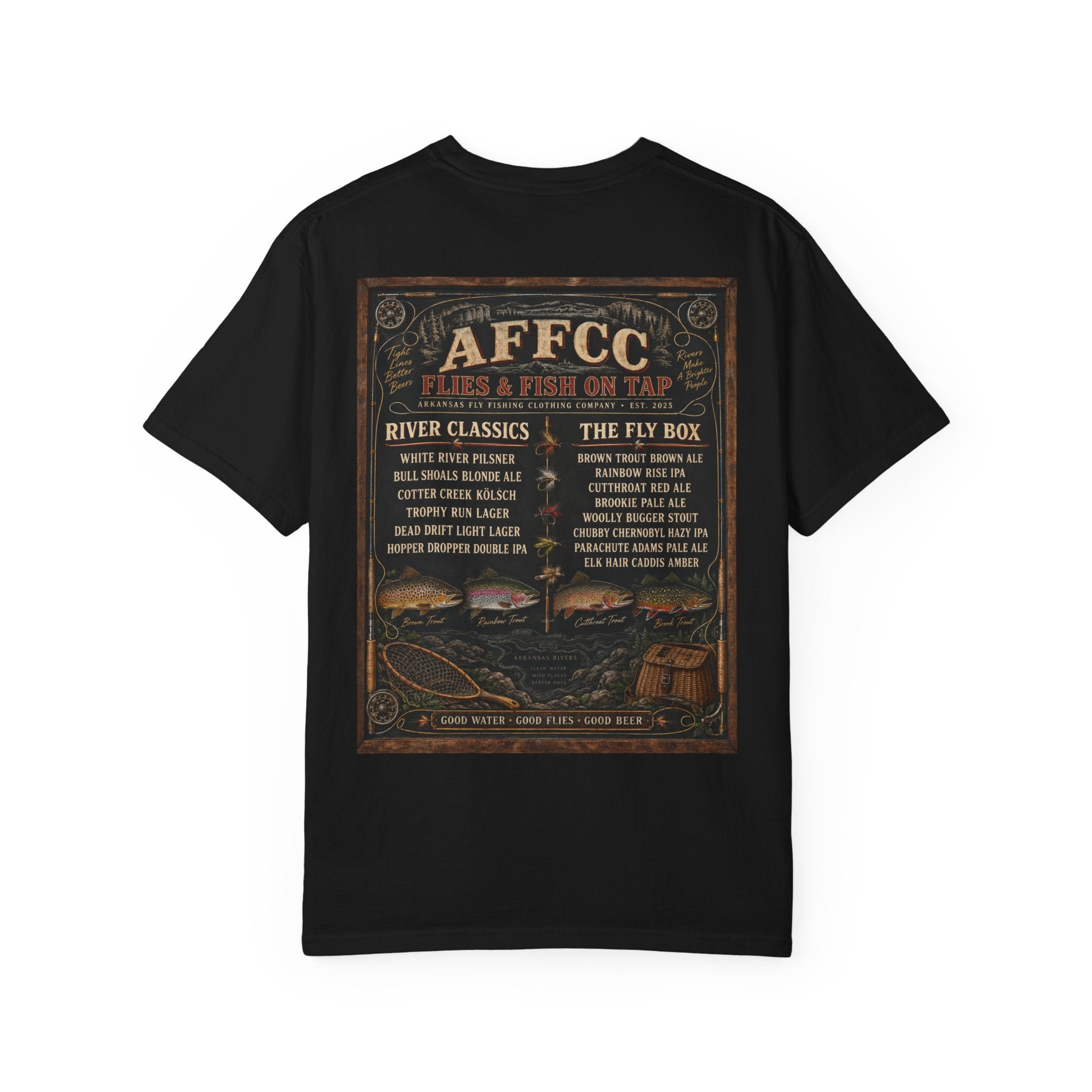 AFFCC Beer Menu Fly Fishing T‑Shirt — AFCC River Classics Vintage Patch Design