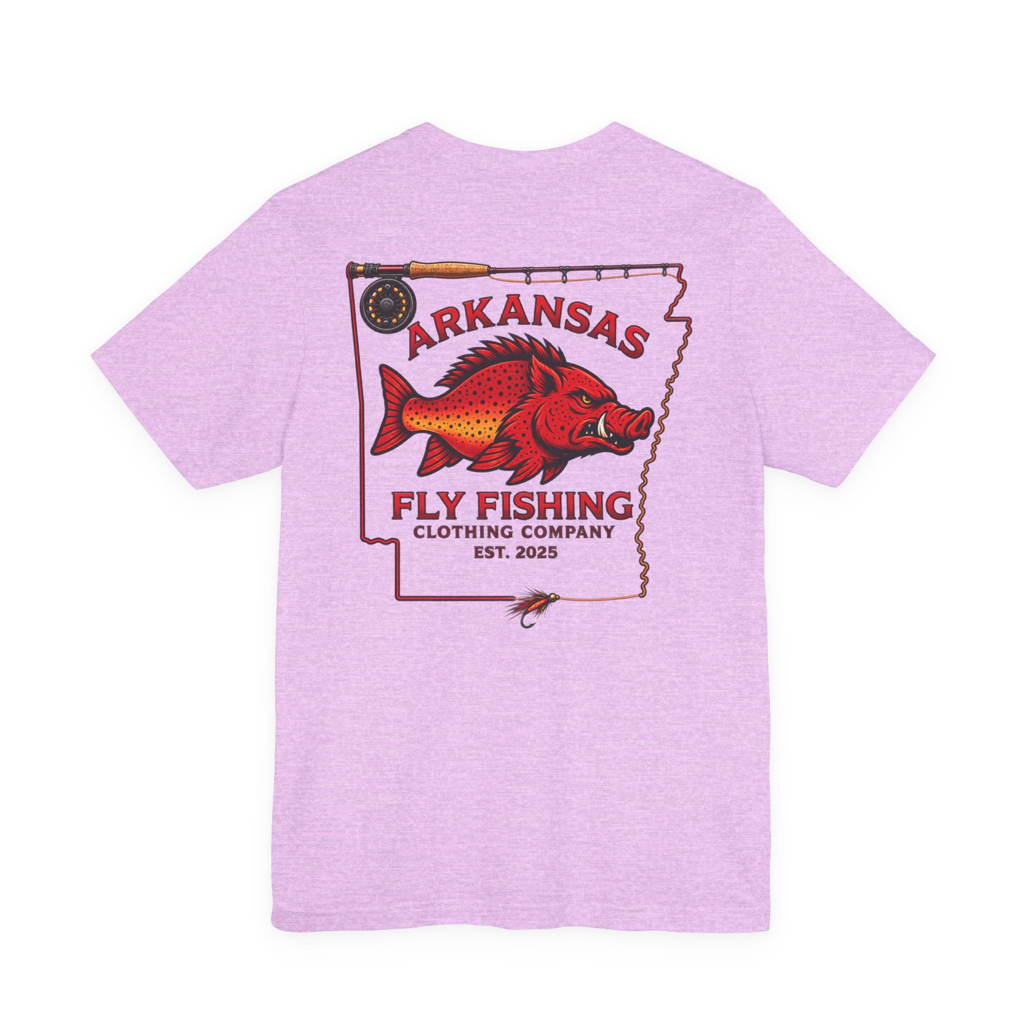 Athletic fit Runs Small Arkansas Fly Fishing Clothing Co. State outline Tee — Redfish State Map Pocket & Back Graphic