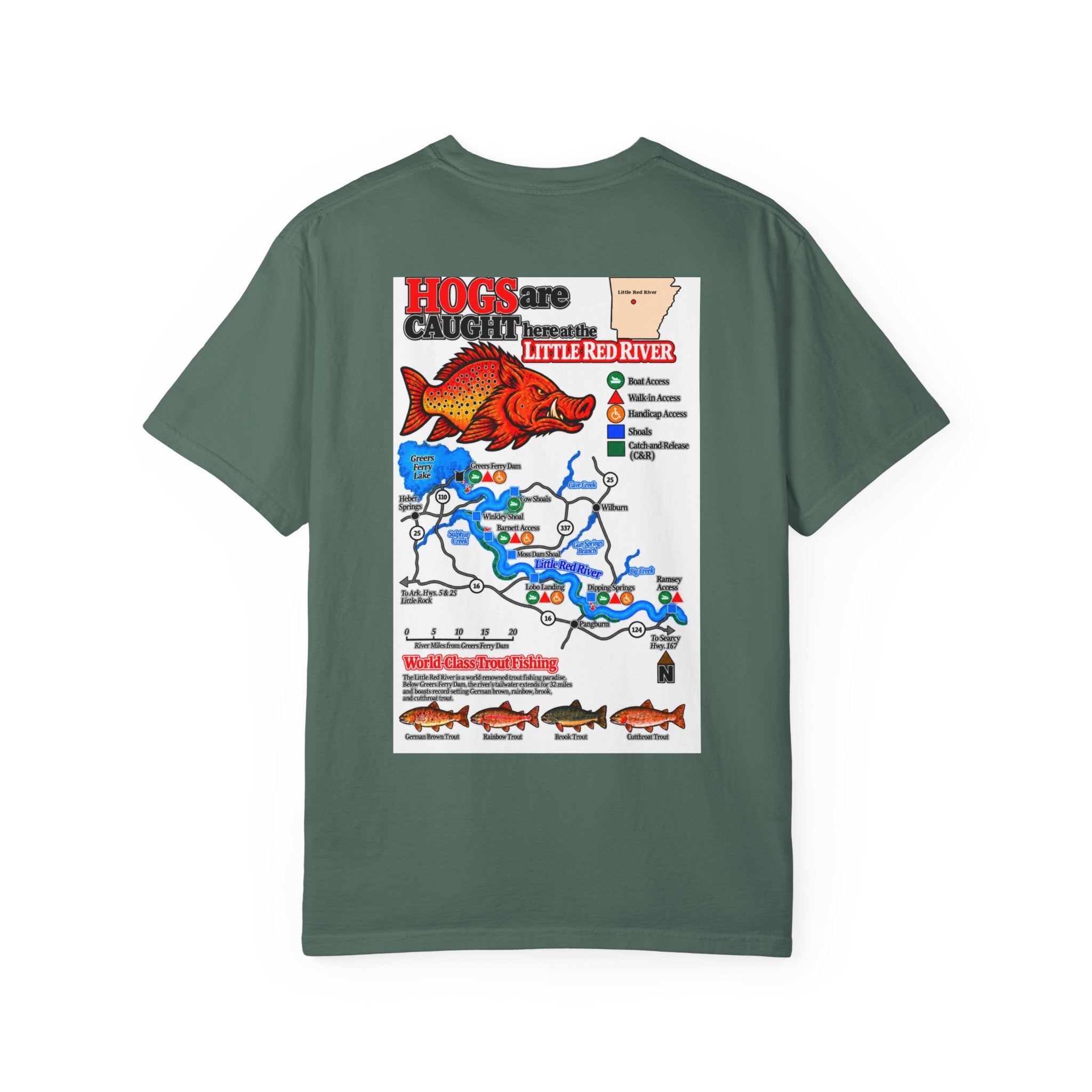 AFFCC Little Red River Arkansas Trout Map T-Shirt — 'Hogs Live Here' Fishing Guide Tee