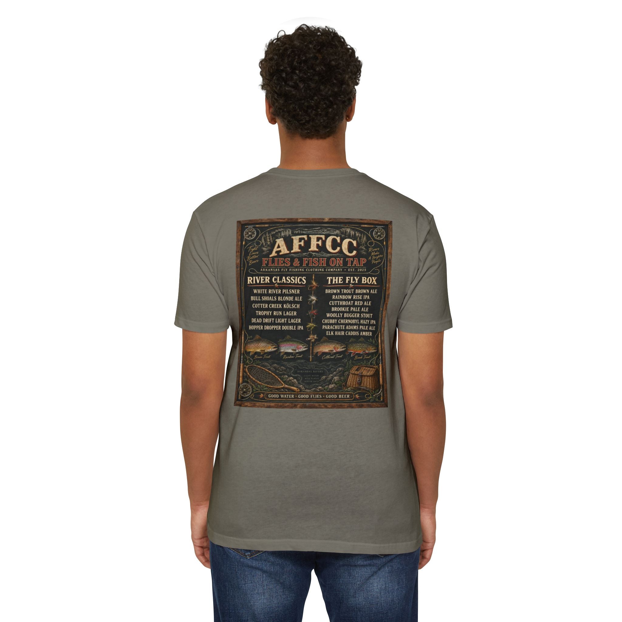 AFFCC Beer Menu Graphic T-Shirt — AFCCC 'Flies & Fish on Tap' Pocket & Back Print
