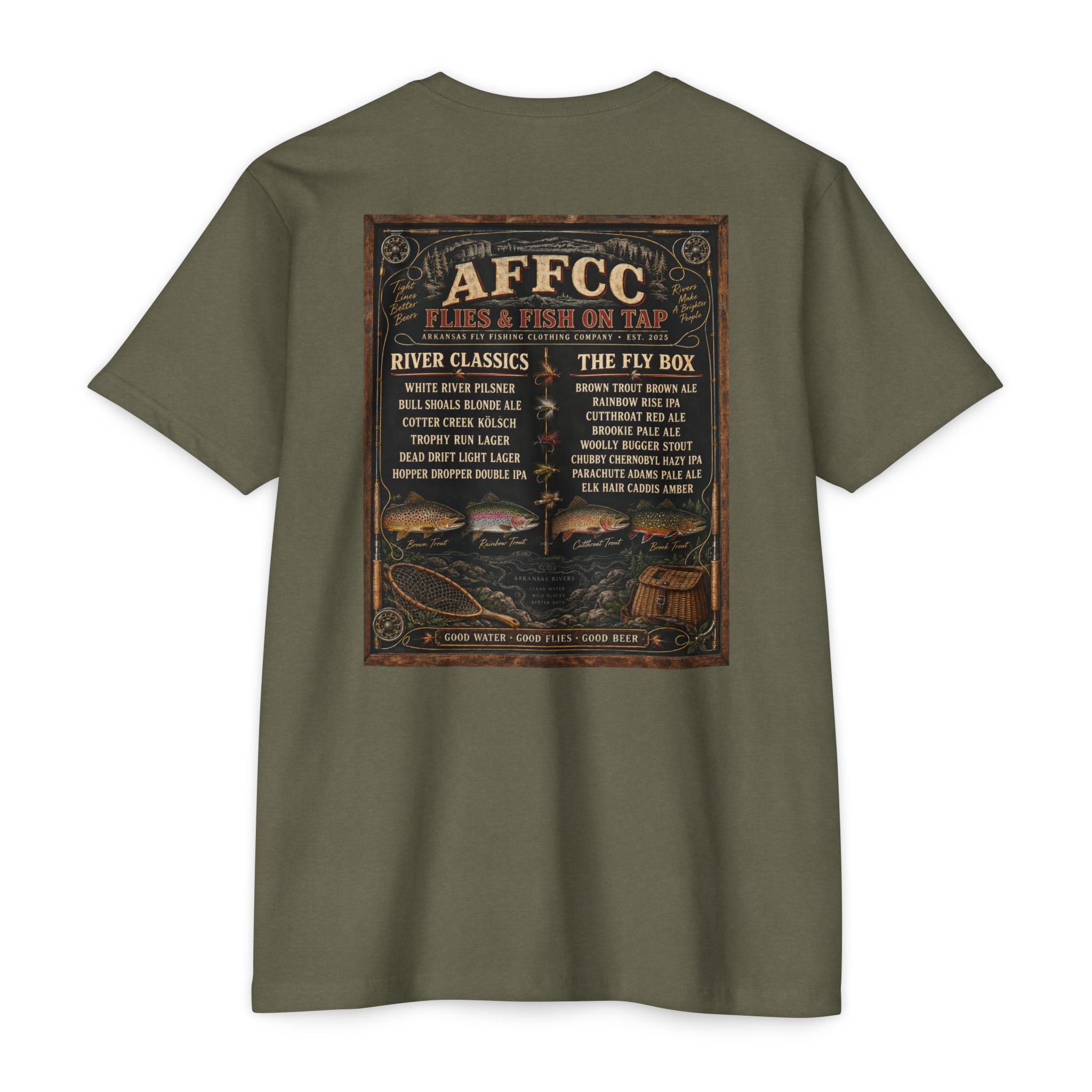 AFFCC Beer Menu Graphic T-Shirt — AFCCC 'Flies & Fish on Tap' Pocket & Back Print