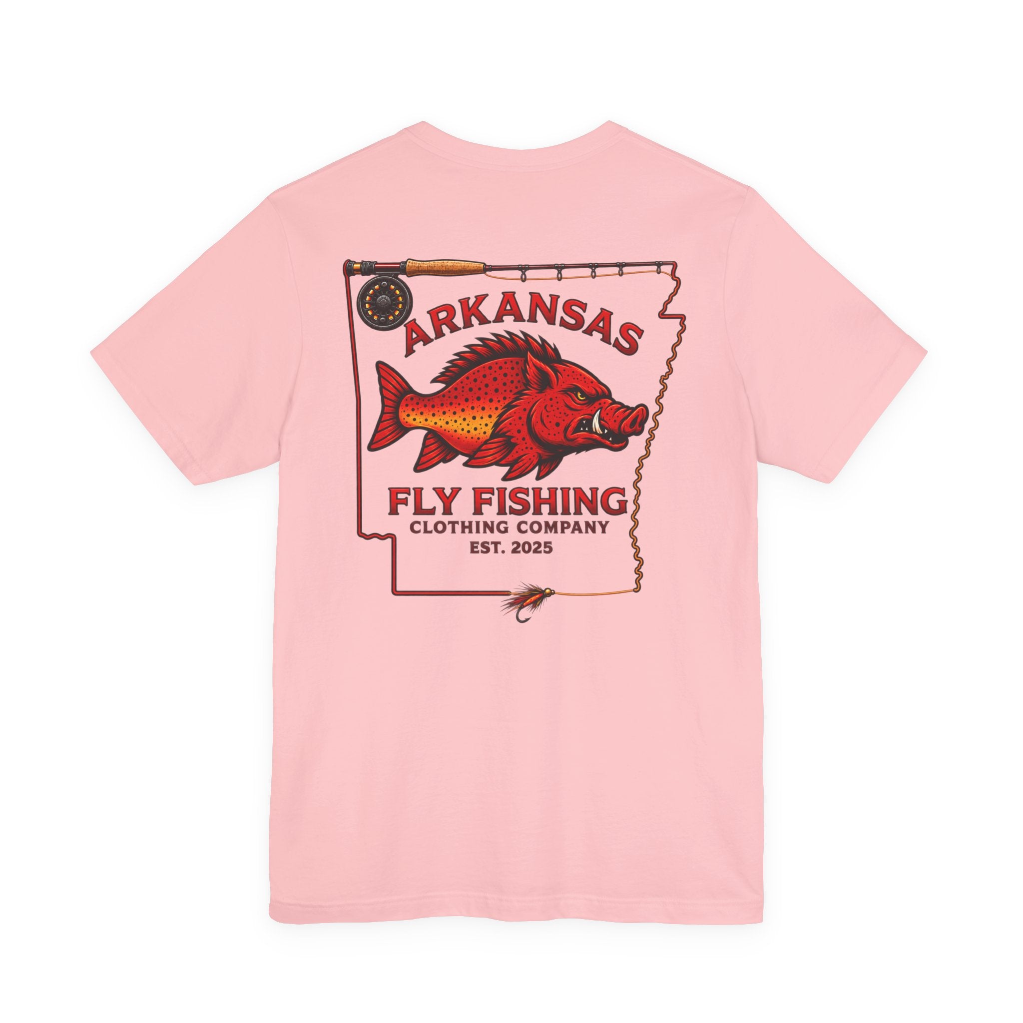 Athletic fit Runs Small Arkansas Fly Fishing Clothing Co. State outline Tee — Redfish State Map Pocket & Back Graphic