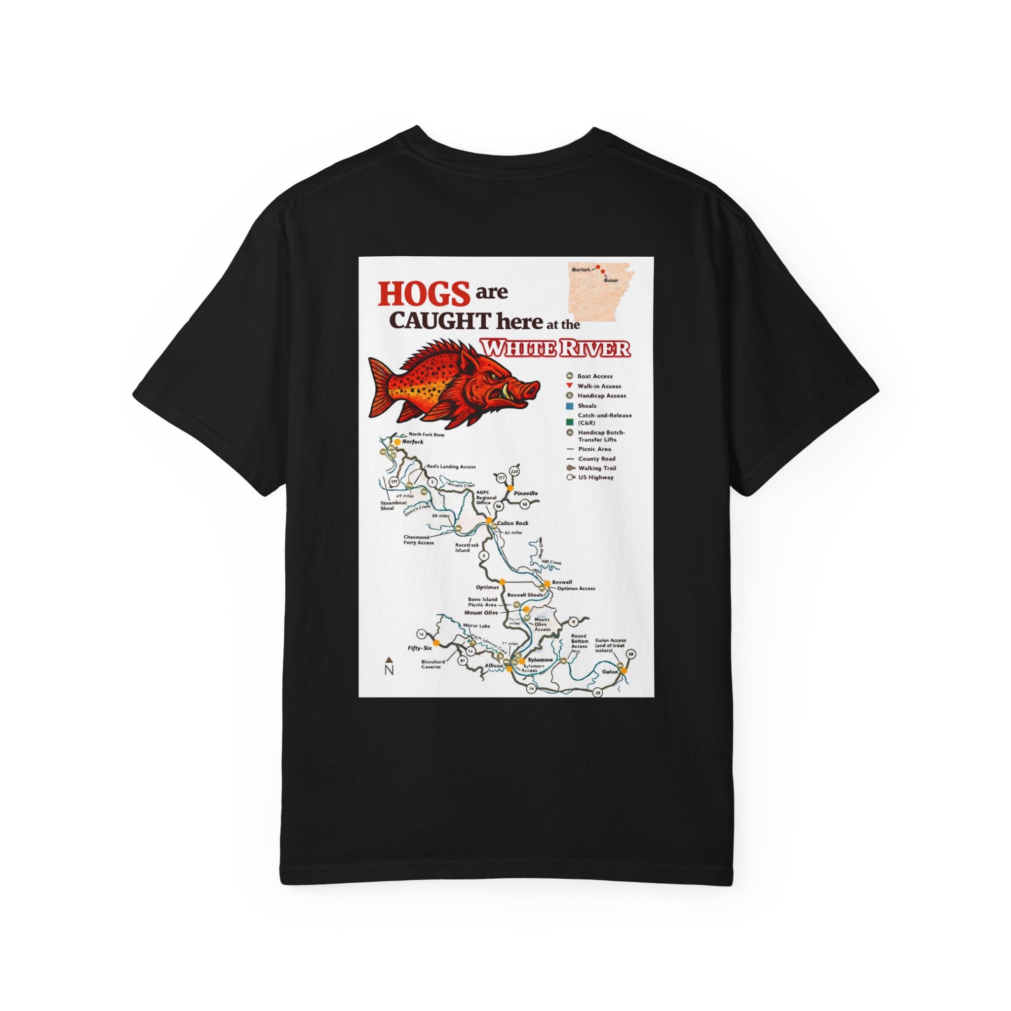 AFFCC White River Fishing Map T-Shirt — “Hogs Are Caught Here” Arkansas White River Trout Map